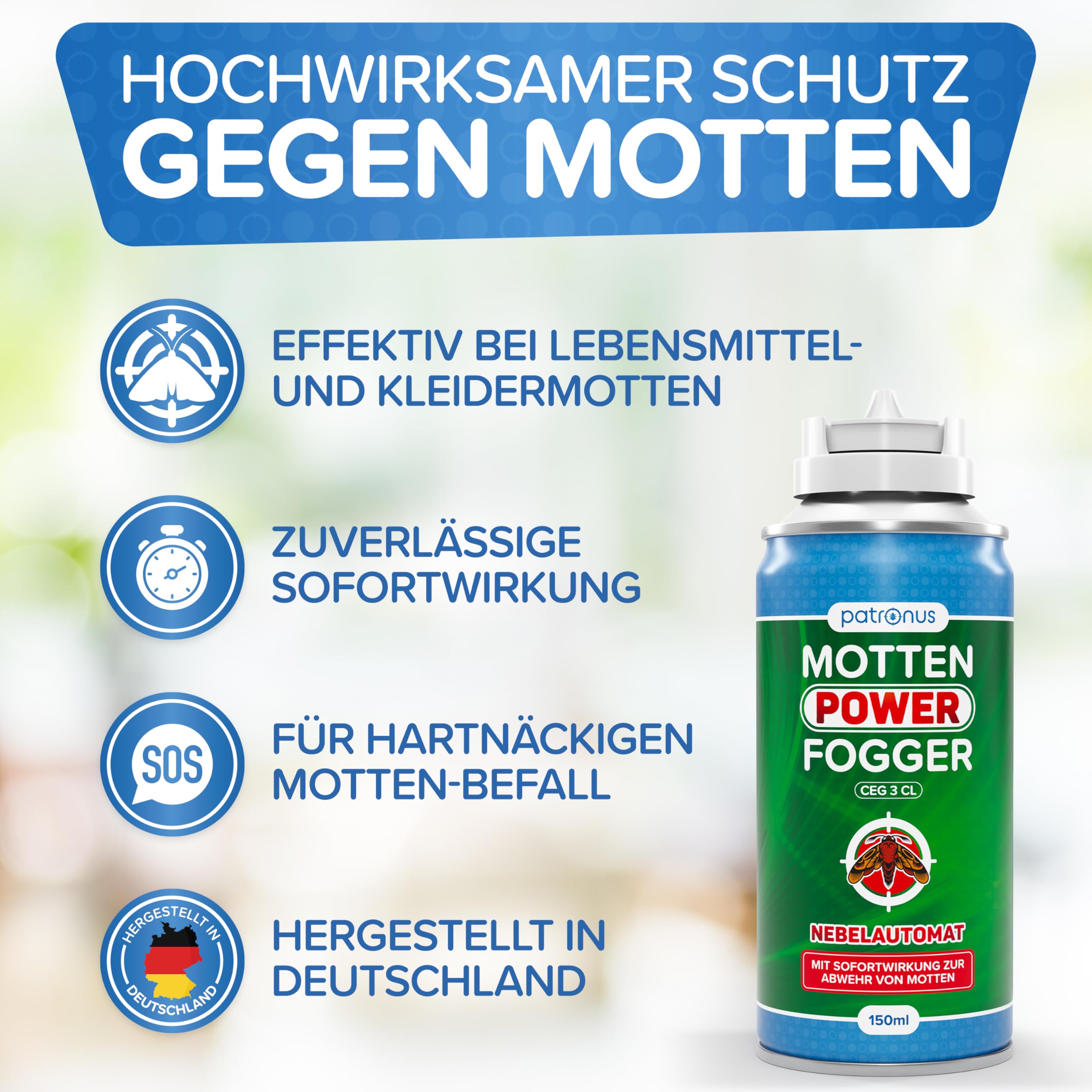 Patronus Motten Power Fogger mit maximaler Sofortwirkung [2x 150ml] | effektiver Vernebler gegen Motten, Kleidermotten & Lebensmittelmotten, für schwierig erreichbare Motten-Verstecke