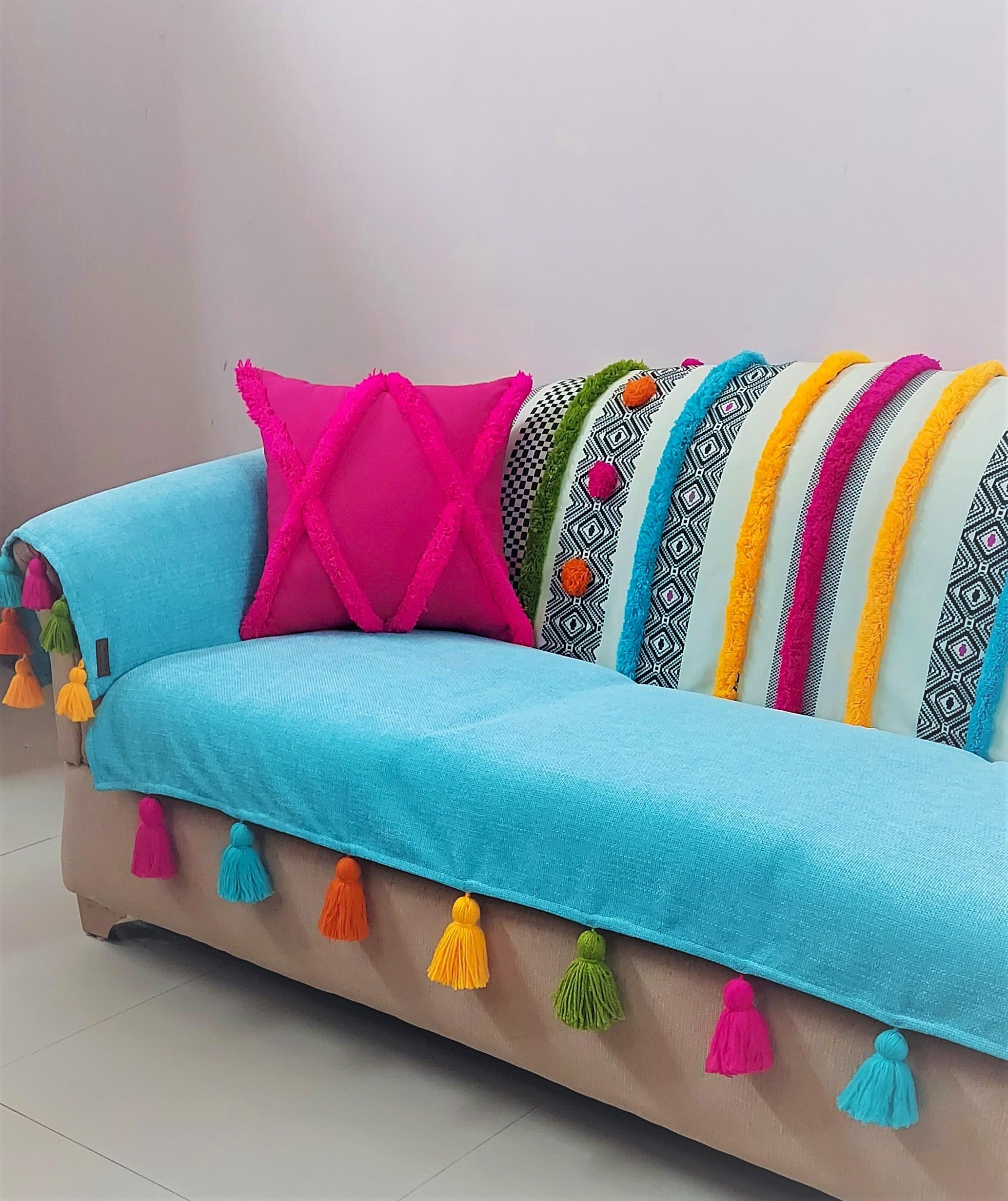 WWW.THROWPILLOW.IN Blue Bohemian Single Seater Sofa Cover with Tassels Set-Arm Chair Seat & Back Covers |Hand-Embroidered Colouful Boho Slipcovers Two -Seater Tassel Sofa Throw|Living Room Decor-image-16