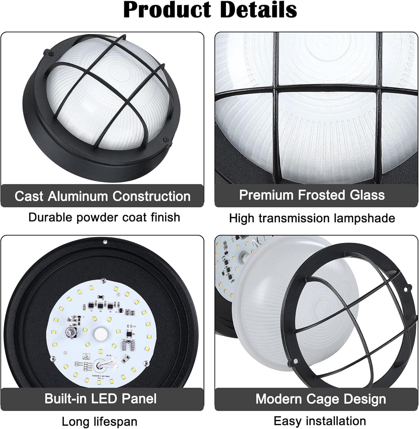 Round Bulkhead Light Fixture, Dimmable Outdoor Wall Lantern, LED Nautical and Sauna Light, 15W 1600 Lumens 5000K, Black Aluminum with Frosted Glass, 1-Pack