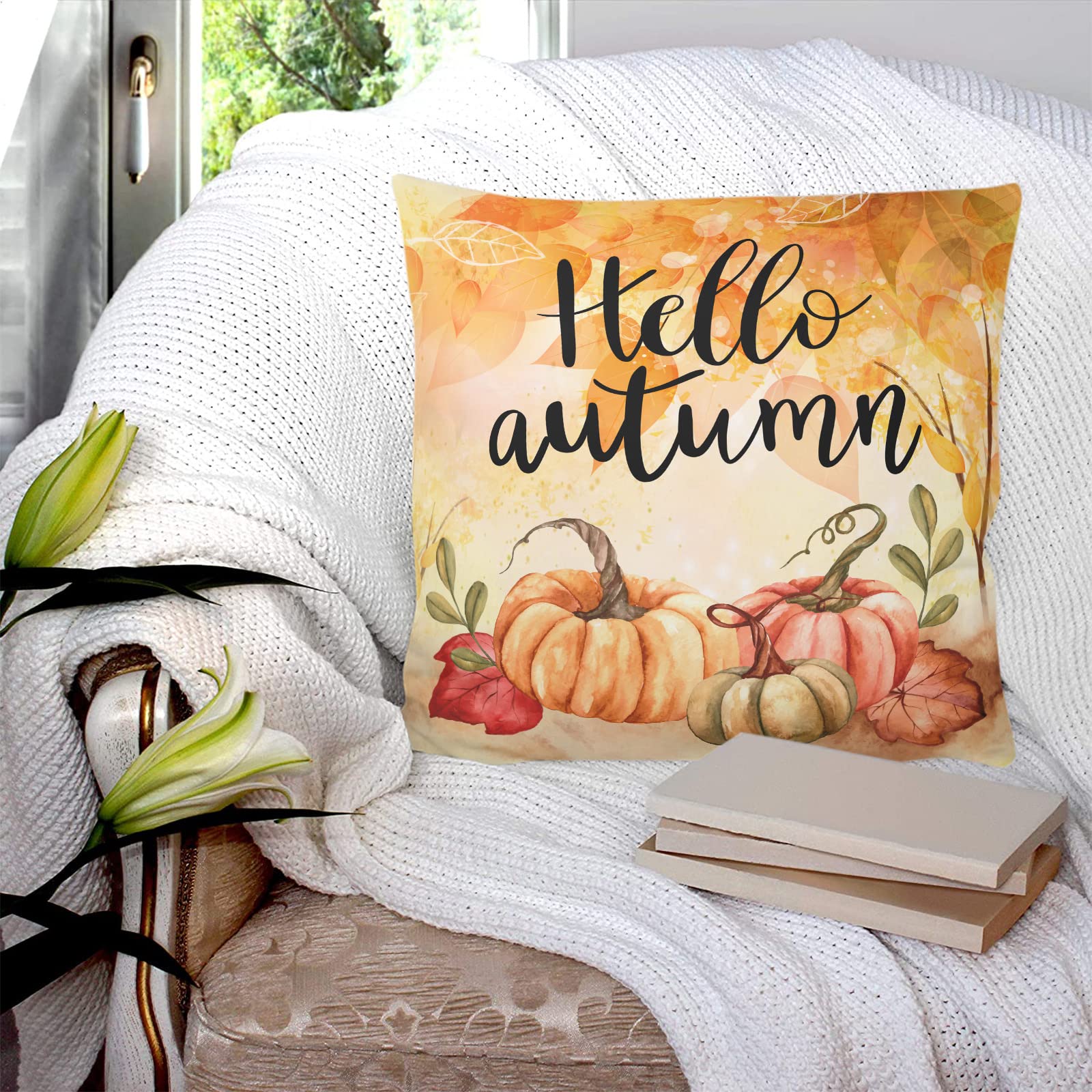 Federa Per Cuscino Quadrata In Cotone E Lino 45x45 Cm - Scritta Fall In Love Con Foglie D'Acero - Decorazione Autunnale Per Divano E Letto - 2