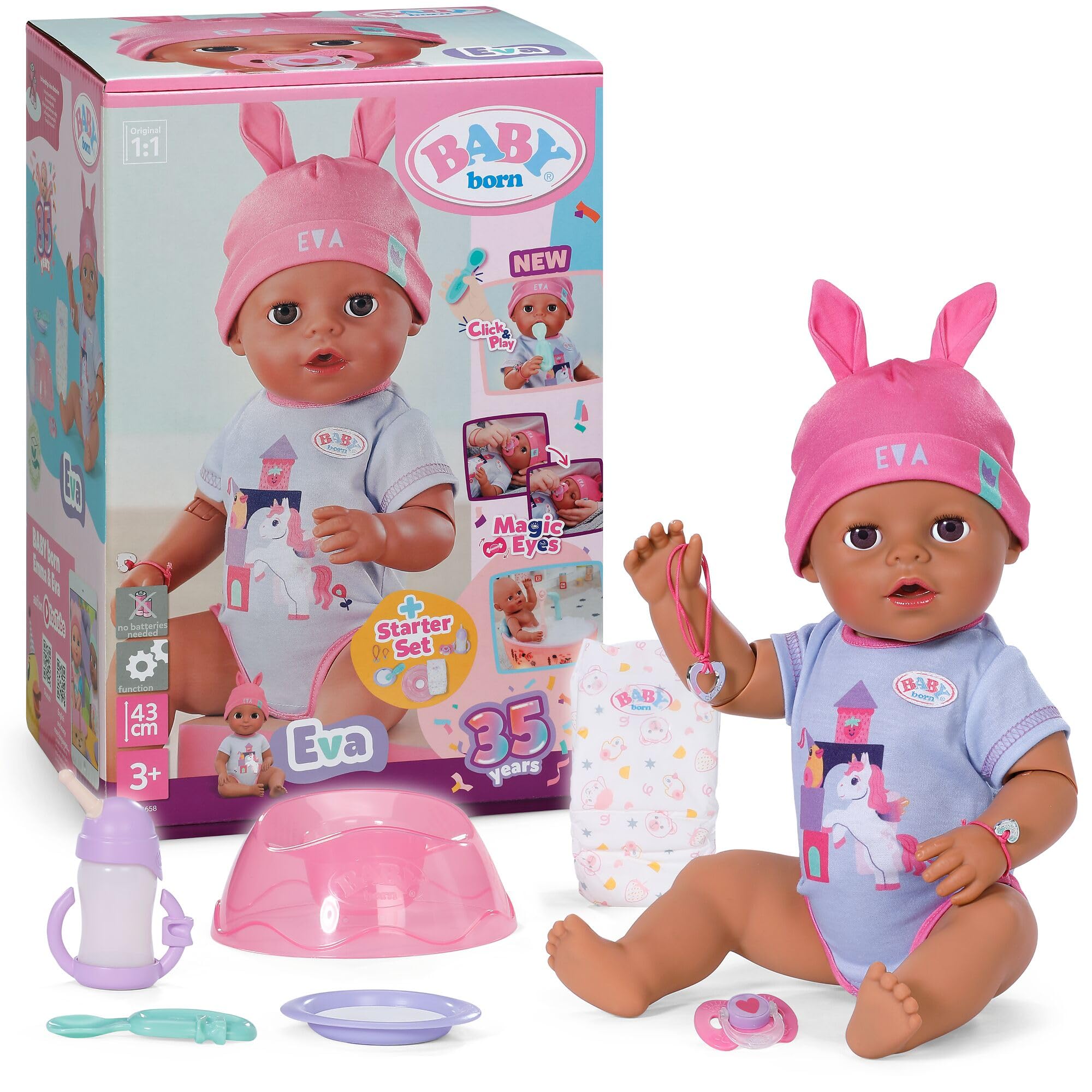 BABY Born Eva 43 cm Babypuppe mit Click & Play, 10 Funktionen