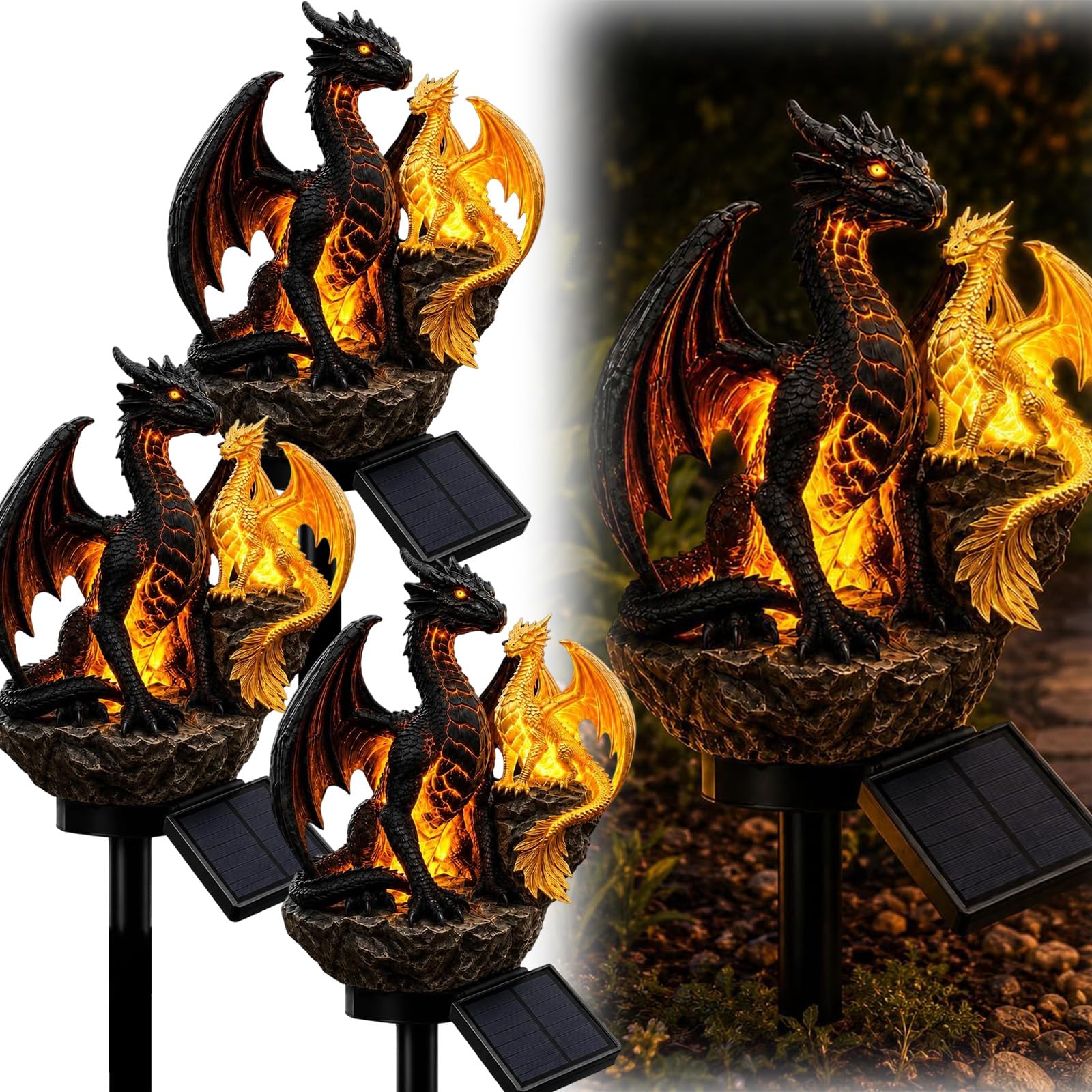 Pealeaf Solar Dragon Garden Statue with LED Lights, Outdoor Garden Ornament Solar Powered Dragon Figurine for Lawn Patio Pathway Yard Decor, Fantasy Dragon Gift for Garden Lovers (B3)