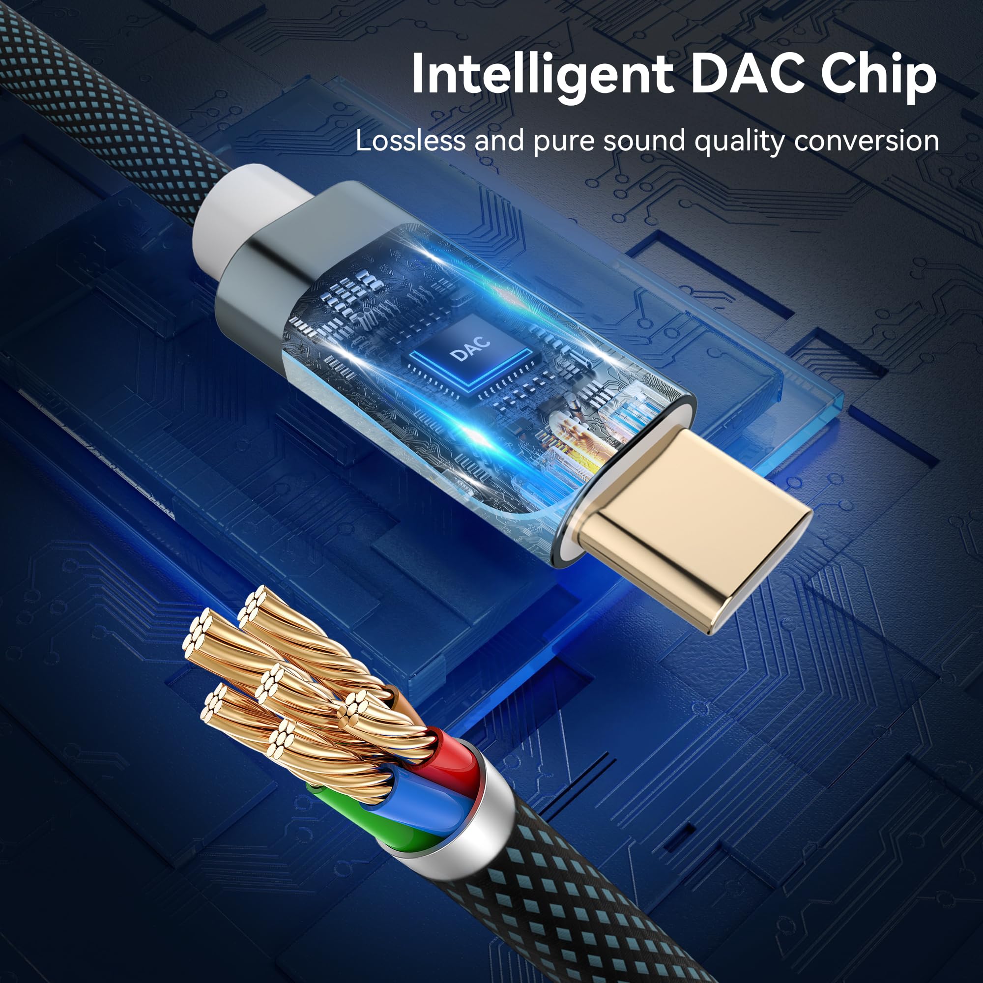 YISH Adapter USB C na Jack 3.5mm：USB C Aux Słuchawki Nylon, USB Typu C na Jack z DAC Chip Kompatybilny z iPhone 17/16 Pro Max Samsung Galaxy S25/S24 iPad Air/Pro Google Pixel 8/7