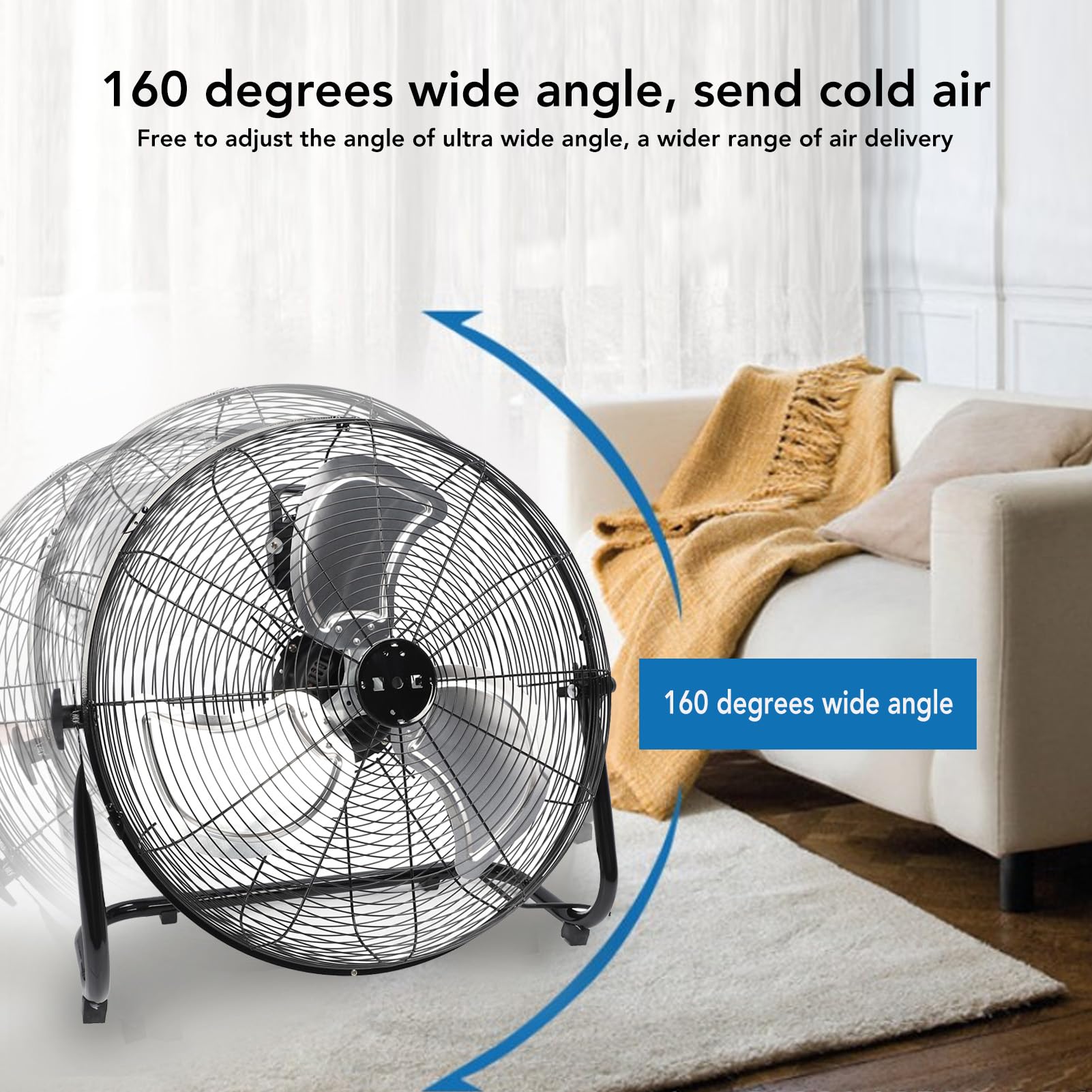 Ventilador de Piso de ángulo Ajustable de 20 Pulgadas, 2000 RPM 4 Velocidades 65 DB 180 W Buena Velocidad Ventilador de Piso Industrial de Aleación de Aluminio Resistente (Enchufe europeo