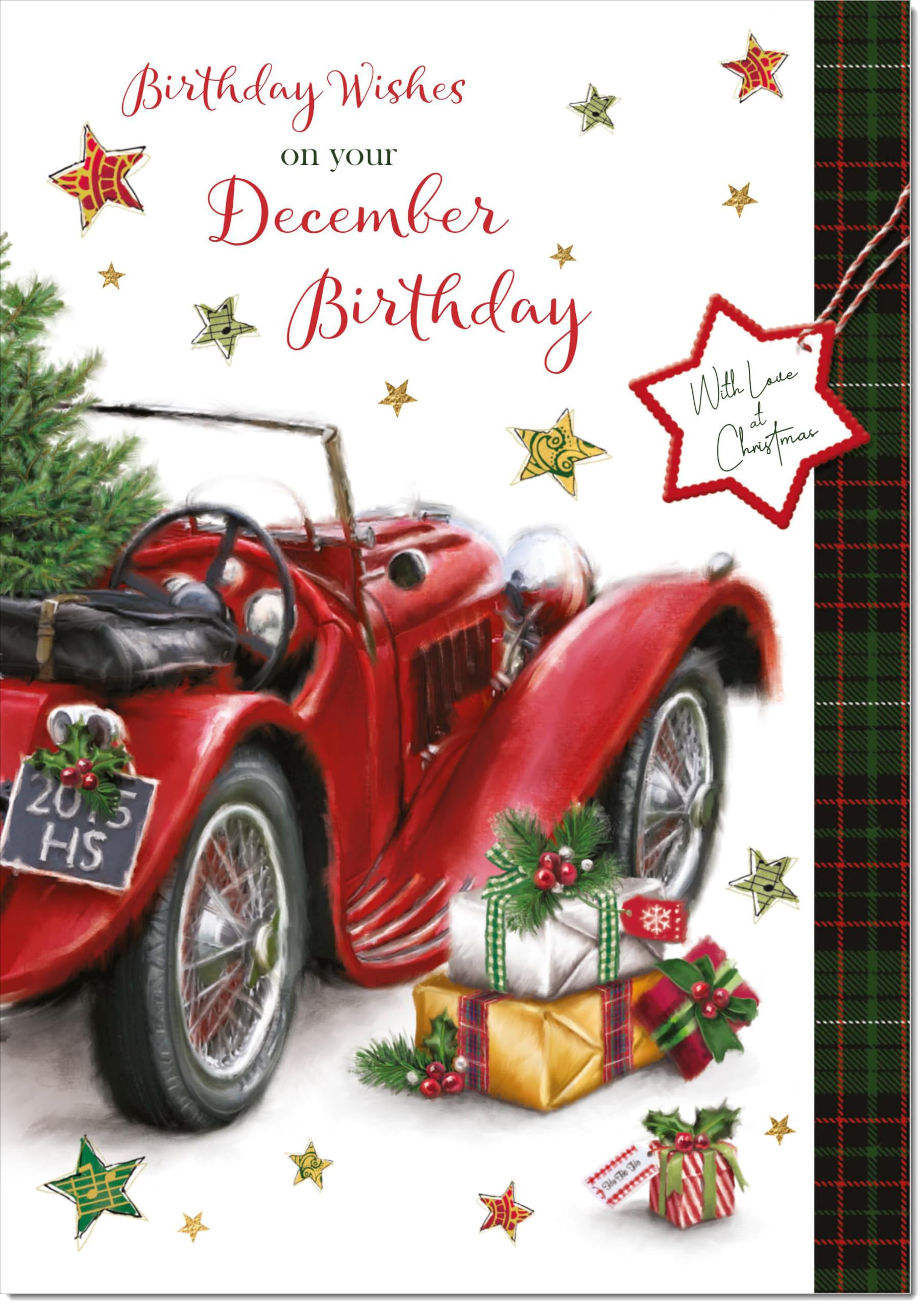 doodlecards December Birthday Christmas Card Red Vintage Car Large A4 Size Christmas Card for December Birthday with Plain Envelope — image 1