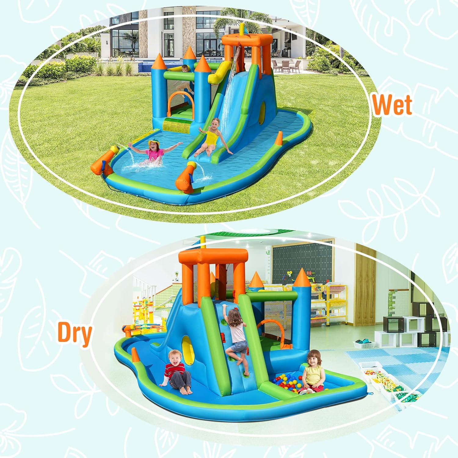 OLAKIDS Inflatable Water Slide, 8 in 1 Jumping House with Slide, Climbing Wall, Splash Pool, Tunnel, Column, 2 Water Guns, Outdoor Bouncing Park with Carrying Bag, Stakes (with 735W Blower)
