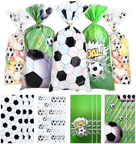 Kesote Bolsas de celofán de fútbol, 100 piezas de bolsas de dulces de regalo de fútbol con lazos para fiesta de cumpleaños de fútbol