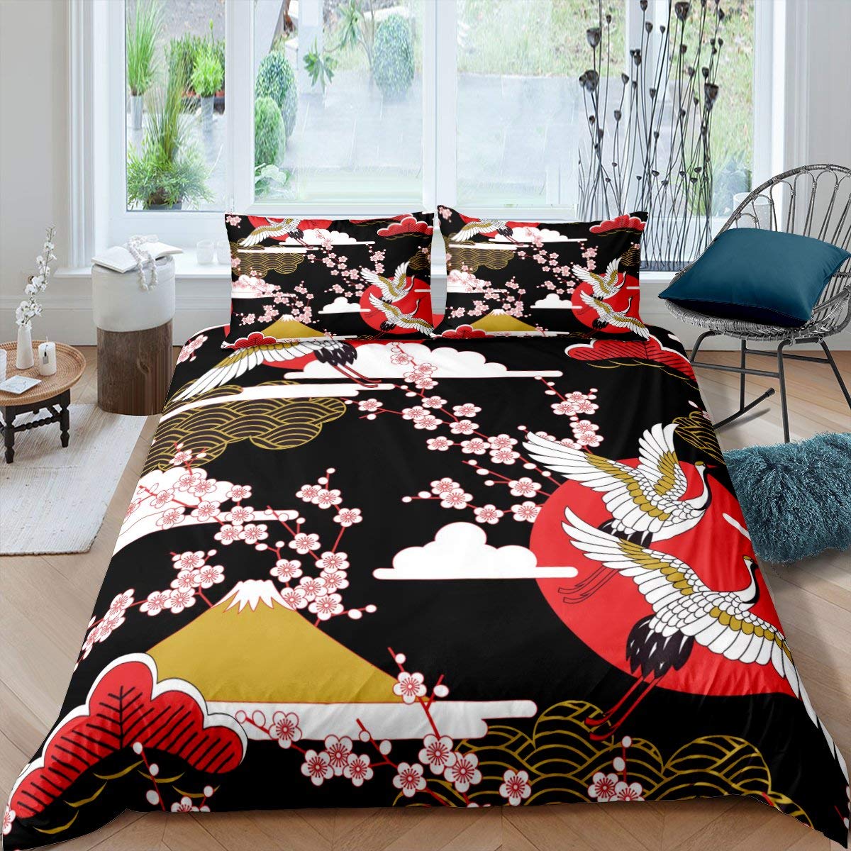Loussiesd Crane Duvet Cover King Size Girls Japanese-Style Bedding Set Girly Cherry Blossoms Pattern Teens Women Comforter Cover Soft Japanese Traditional Pattern Decor Comforter Set including Zipper Ties