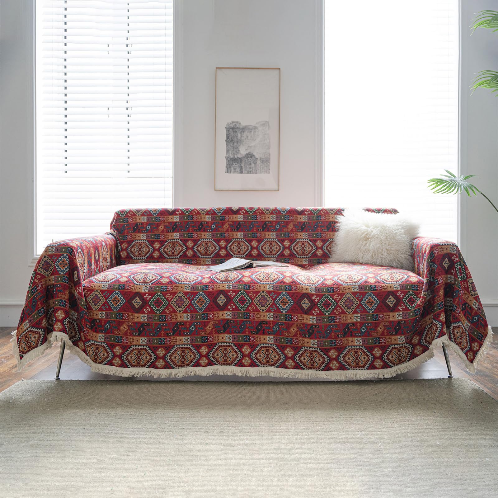 DREAMINGO Boho Sofa Covers Red Geometric Couch Cover Love Seat Couch Cover for 2 Cushion Couch Sofa Pet Furniture Protector Sofa Slipcover for Dog Washable Sectional Throw Covers, 91"x118" — image 1
