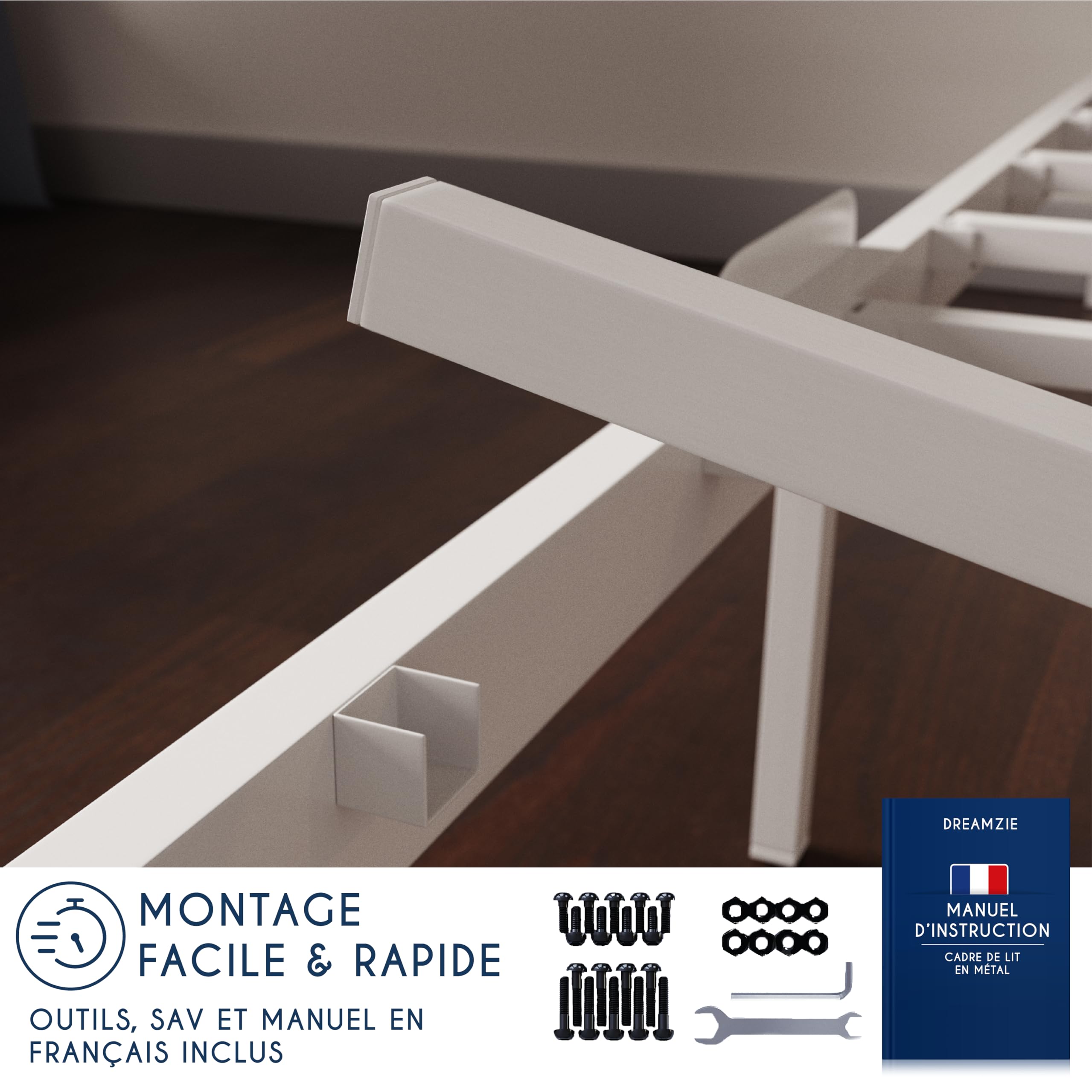 Dreamzie Cadre de Lit 140x190 avec Sommier en Métal Blanc - Hauteur de 35 cm - Sommier 140x190 avec Pieds - Structure Solide, Assemblage Facile, Capacité de Rangement 32cm