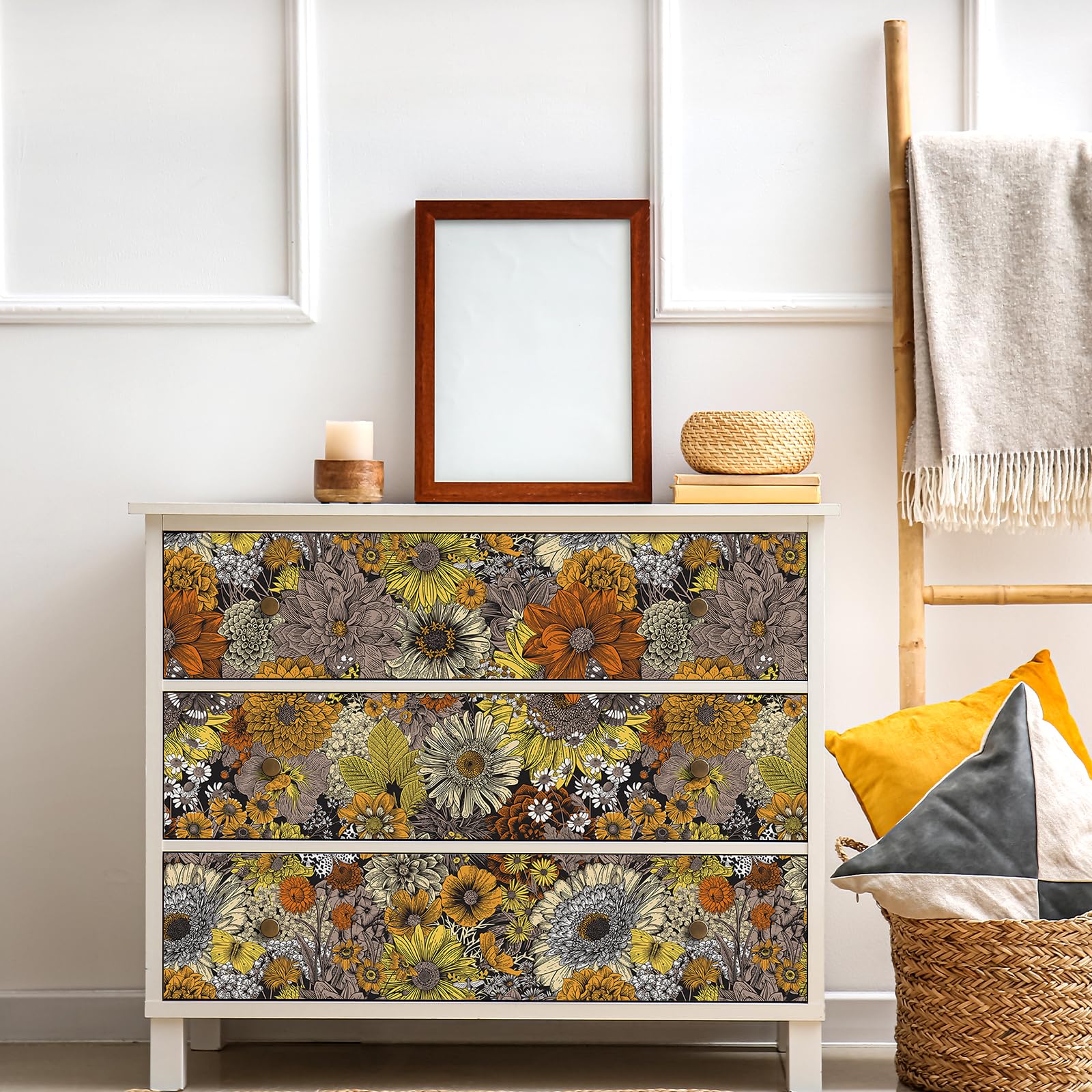FunStick 44.5CMx9M Peel and Stick Floral Wallpaper Dark Orange Flowers Sticky Back Plastic for Furniture Yellow Wallpaper for Kitchen Bathroom Floral Vinyl Wrap for Cupboards Walls Orange Sunflowers - Image 3