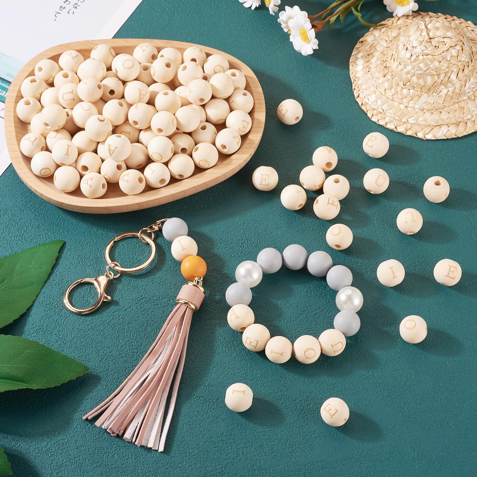 Boutigem 100Pcs Wooden Alphabet Beads Round with Vowel Letter Wood Beads Large Hole European Beads for Christmas Jewelry Making DIY Crafts - Image 3