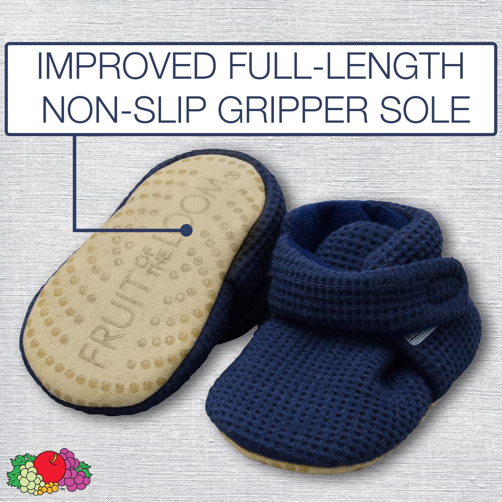 Fruit of the Loom Cozy Thermal Wrap Booties with Non-Skids for Baby Girls, Boys, Unisex - Navy Waffle (6-12 Months)