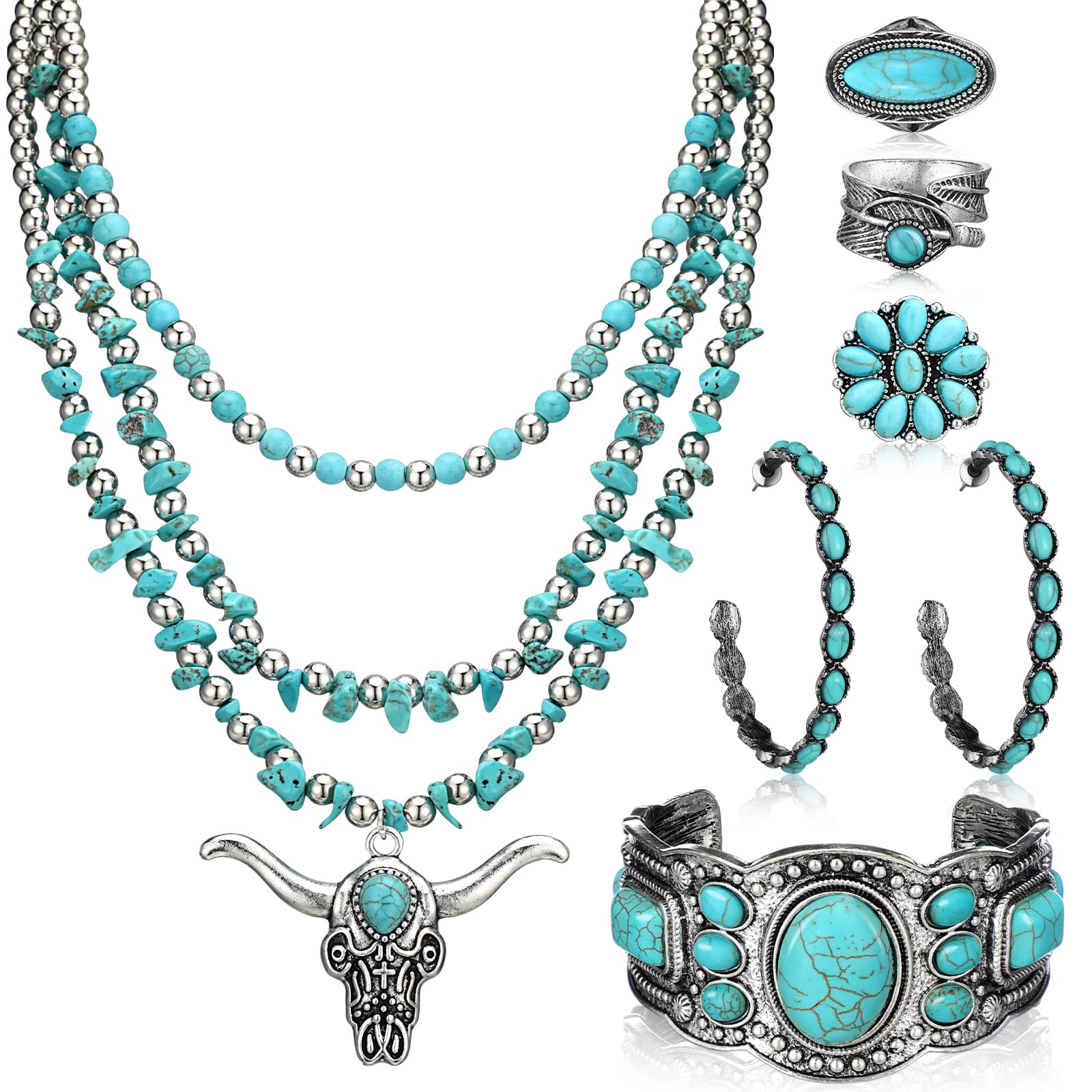 Ecally Bohemian Western Jewelry Turquoise Set Women Country Pendant Long Choker Layered Bracelets Earrings Ring for Women
