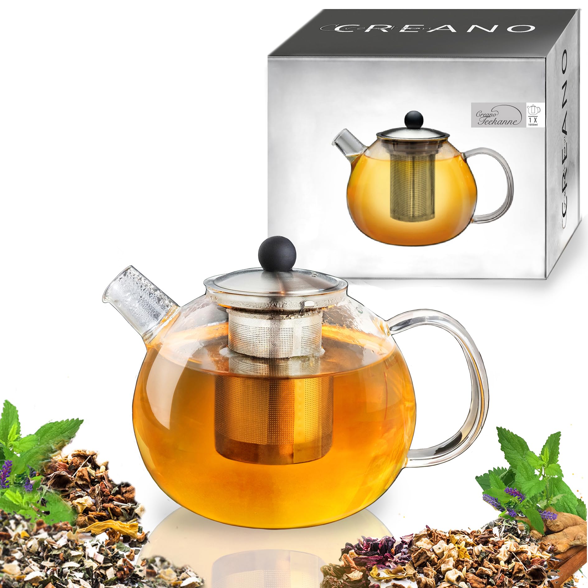 Creano Classic Glass Teapot 1.0L with Stainless Steel Infuser & Stainless Steel Lid – Luxurious Robust Borosilicate Tea Maker – Anti-Drip Spout — image 1