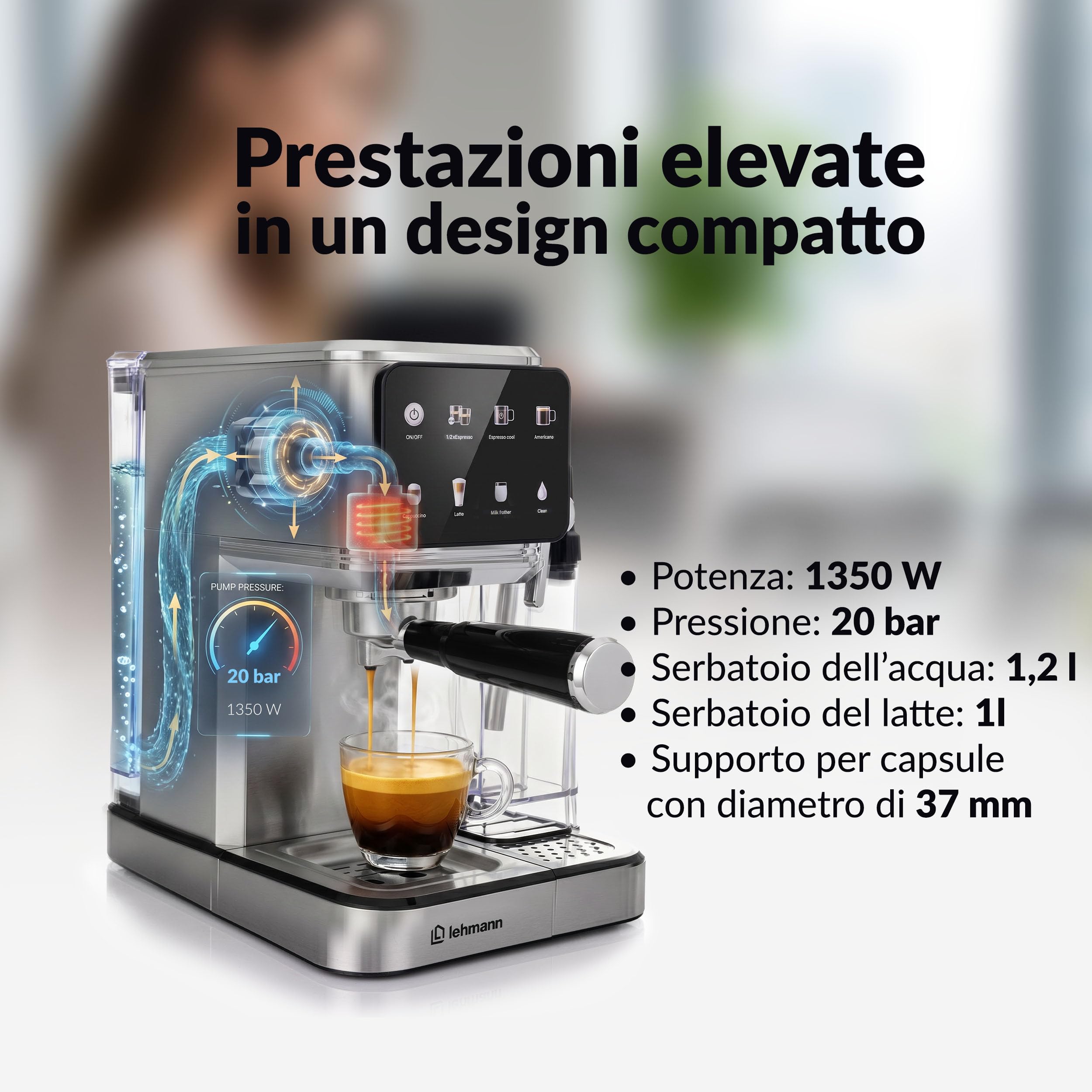 LEHMANN Macchina da Caffè Capsule e Macinato con Montalatte