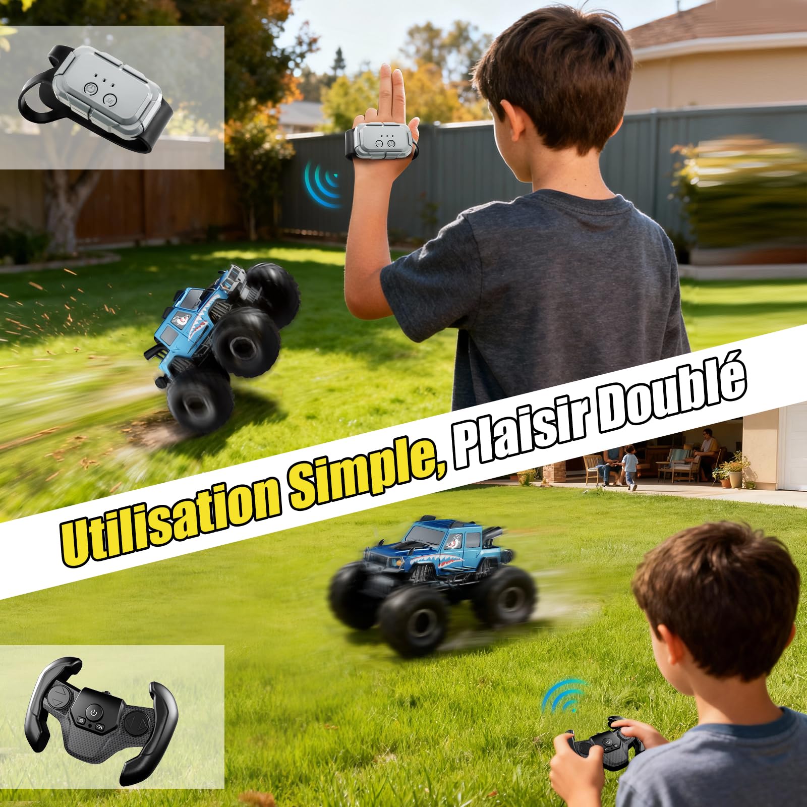 Voiture Télécommandée Tout Terrain Amphibie, 4WD Voiture Stunt Tout-Terrain 360°Rotation Étanche Double Côté Monster Truck Jouet Enfant 6-12 Ans pour Sable, Eau, Jardin(Bleu)