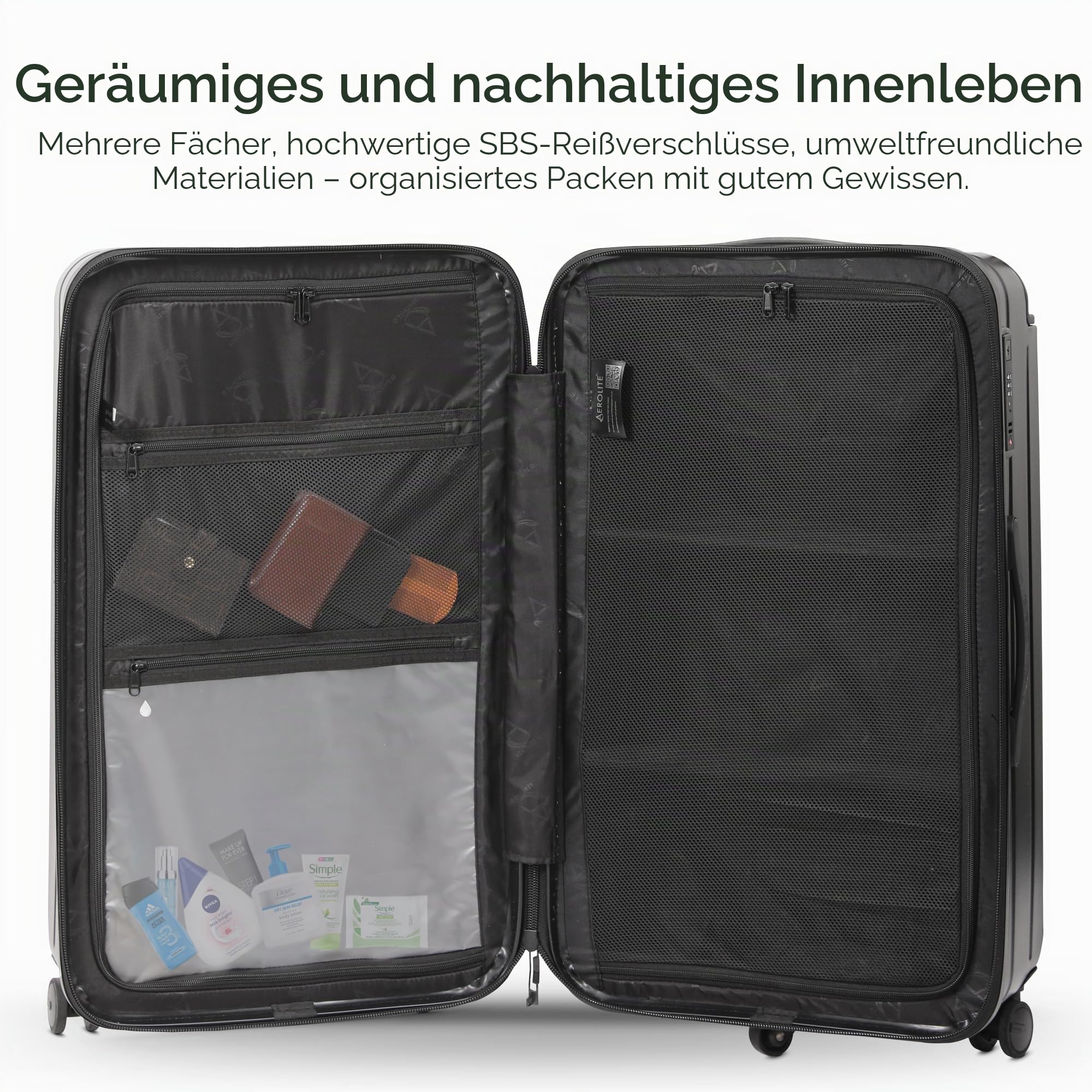 Aerolite M-Lite Großer Premium-Reisekoffer (112 l) zum Aufgeben Gepäck mit 4 + 1 leisen Rollen, Hartschale aus Polypropylen, wasserdichter Tasche, faltbaren Trennwänden und TSA-Schloss, Schwarz