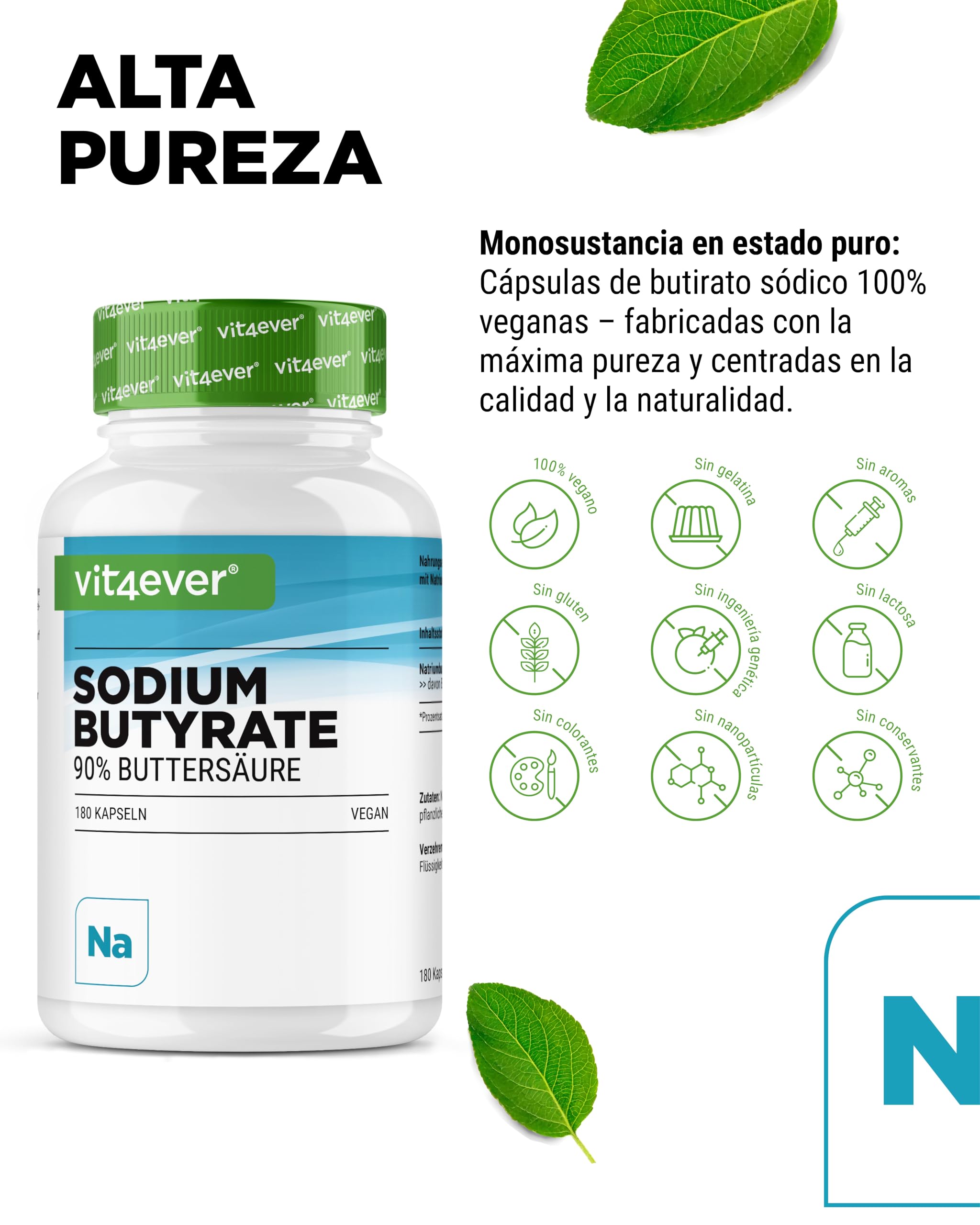 vit4ever Butirato de Sodio - 180 Cápsulas con 600 mg - Premium: 90% Ácido Butírico - Butirato de Sodio puro sin Aditivos no deseados - Alta Dosificación - Vegano