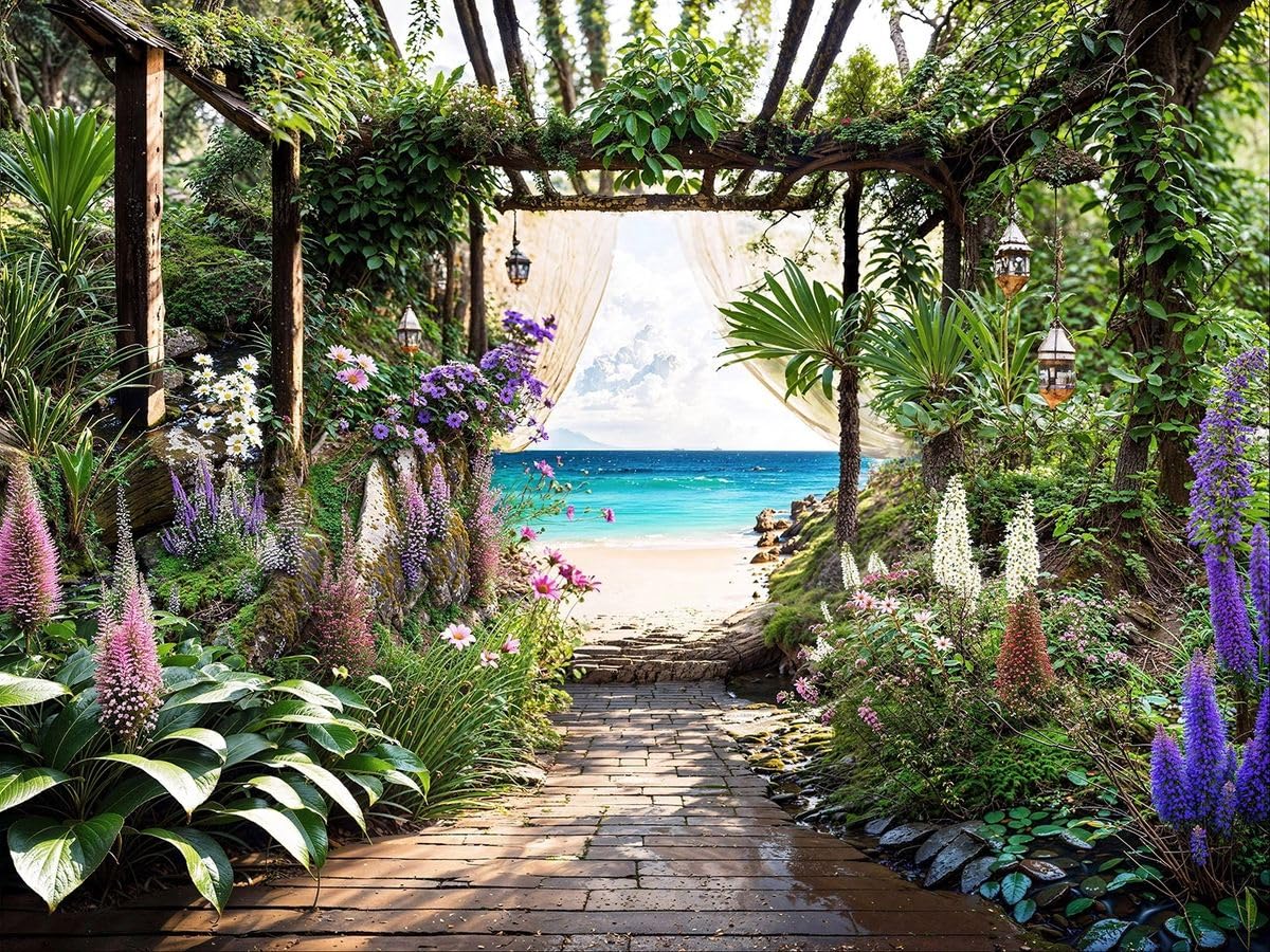 Caribbean Sea View Garden Mural, Tapestry & Curtain Waterproof Outdoor Wall Hanging, Tropical Pergola Garden Wall Art & Coastal Fence Decor W94.49 inches x H70.87 Inches