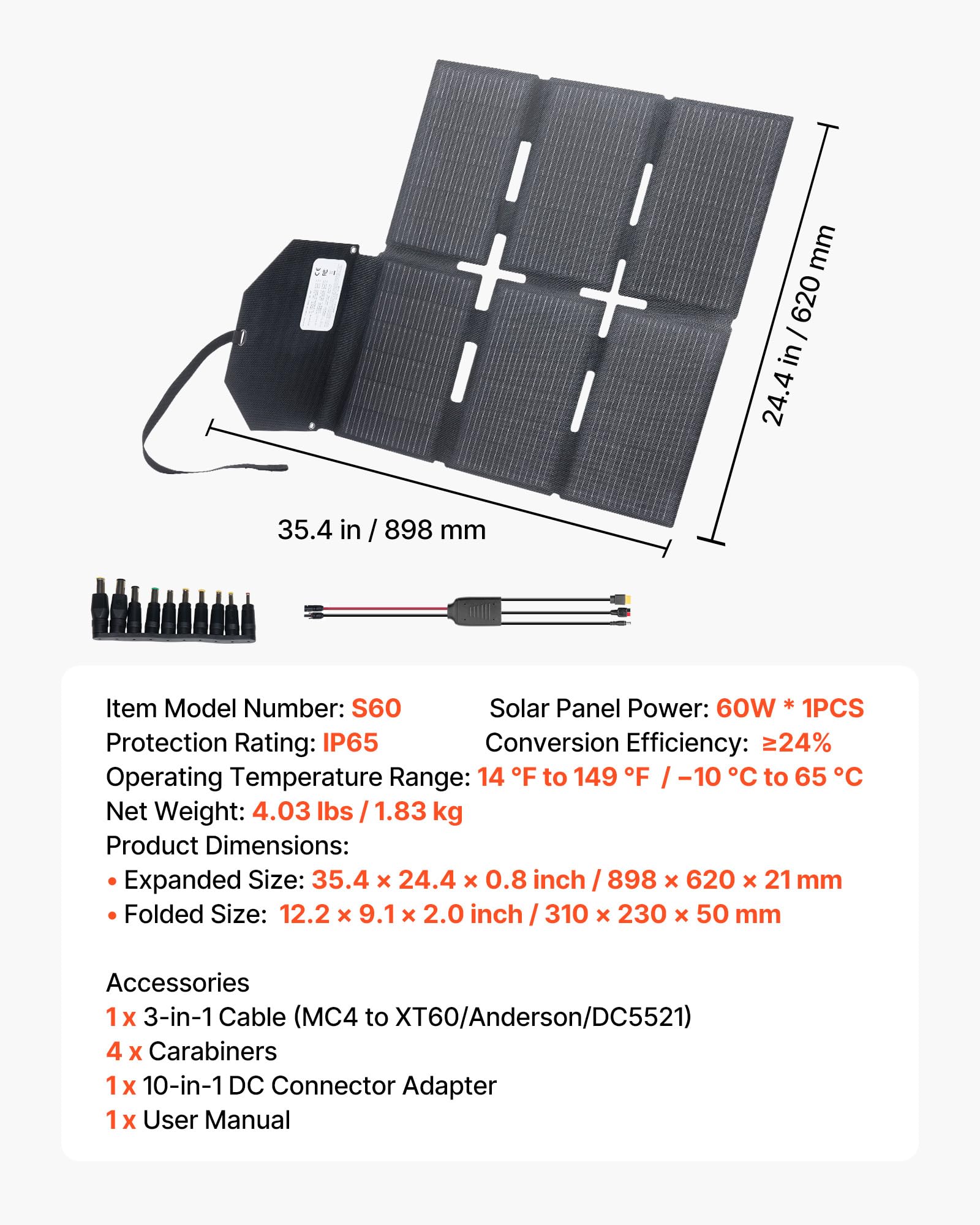 VEVOR Składana ładowarka słoneczna 60 W, monokrystaliczny panel słoneczny Typ N 16 BB, przenośna z wyjściem MC4, porty typu C, USB-A do elektrowni, kempingu, turystyki pieszej