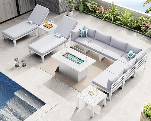 Miniatura 931 de NICESOUL 7 Piece White Powder-Coated Aluminum Patio Furniture with Fire Pit Table, 29 Inch Extra Wide Outdoor Sectional Sofa for 6, High-End Heavy