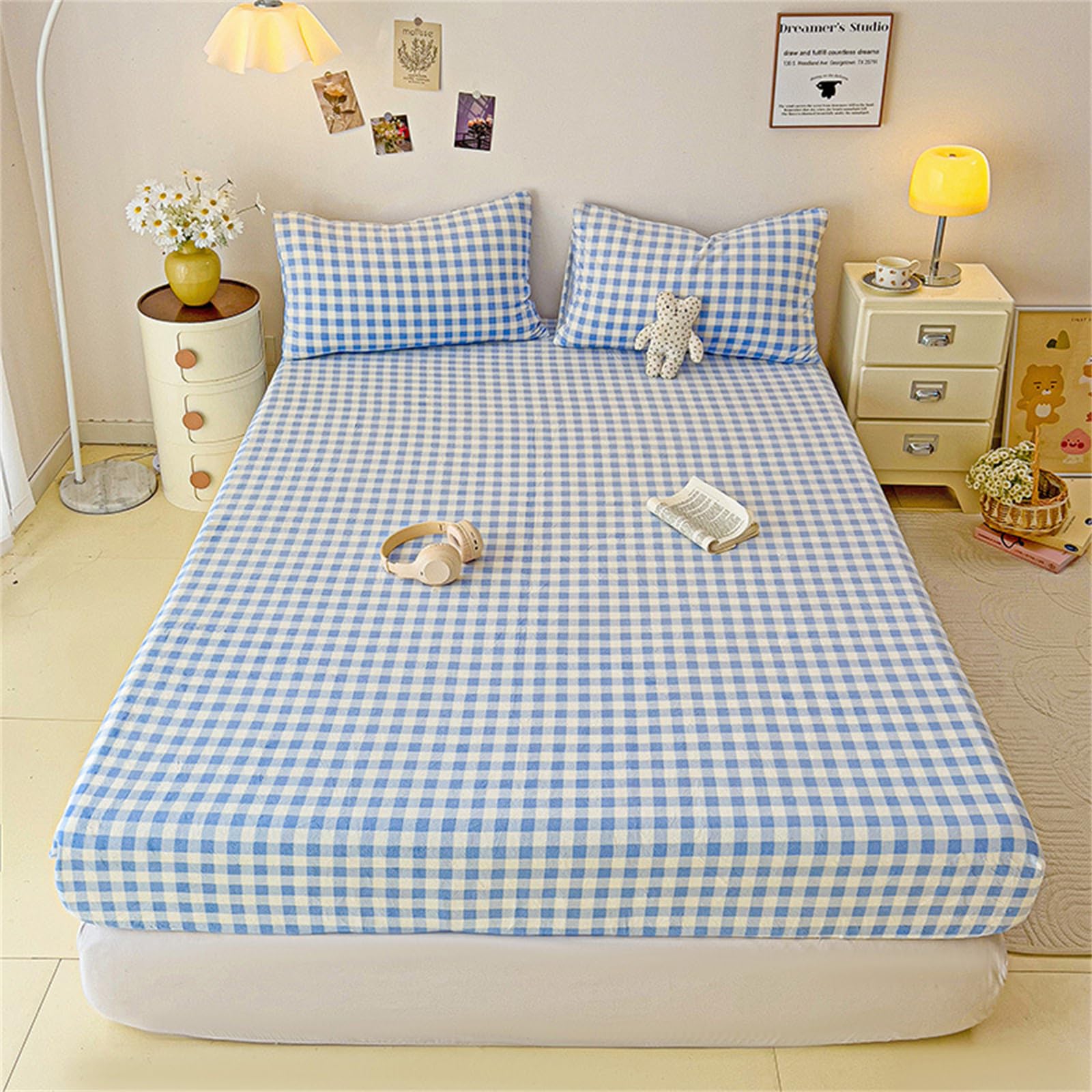Morbido lenzuolo con angoli invernale in morbido pile termico comodo lenzuolo di flanella con vestibilità extra profonda per letto singolo, matrimoniale e king size a quadretti blu 200 x 220 cm + 48 x