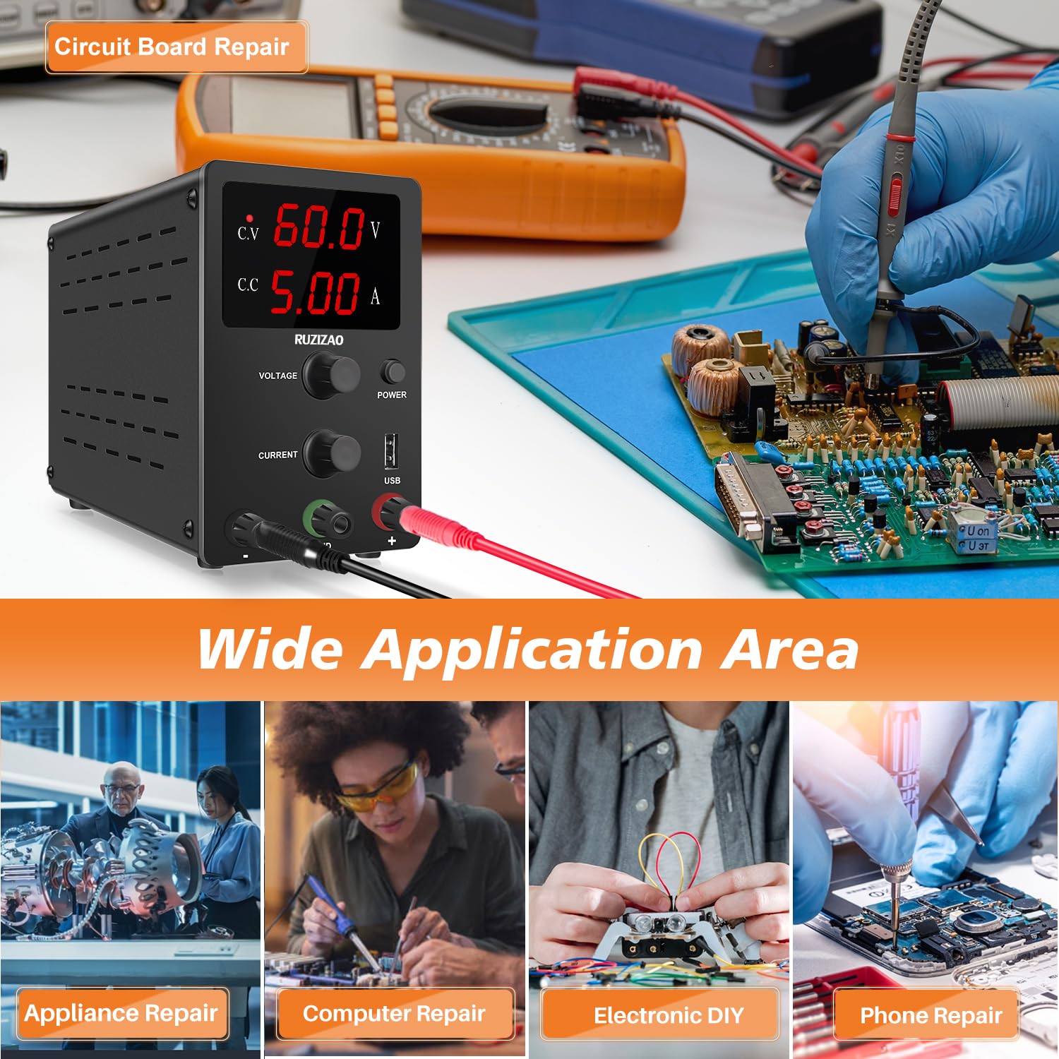 Fuente de Alimentación Regulable 60V 5A, Fuente de Alimentación de Laboratorio con Pantalla LED de 3 Dígitos, Fuente de Alimentacion de Banco con Puerto USB 5V/2A Fuente de Alimentación de CC