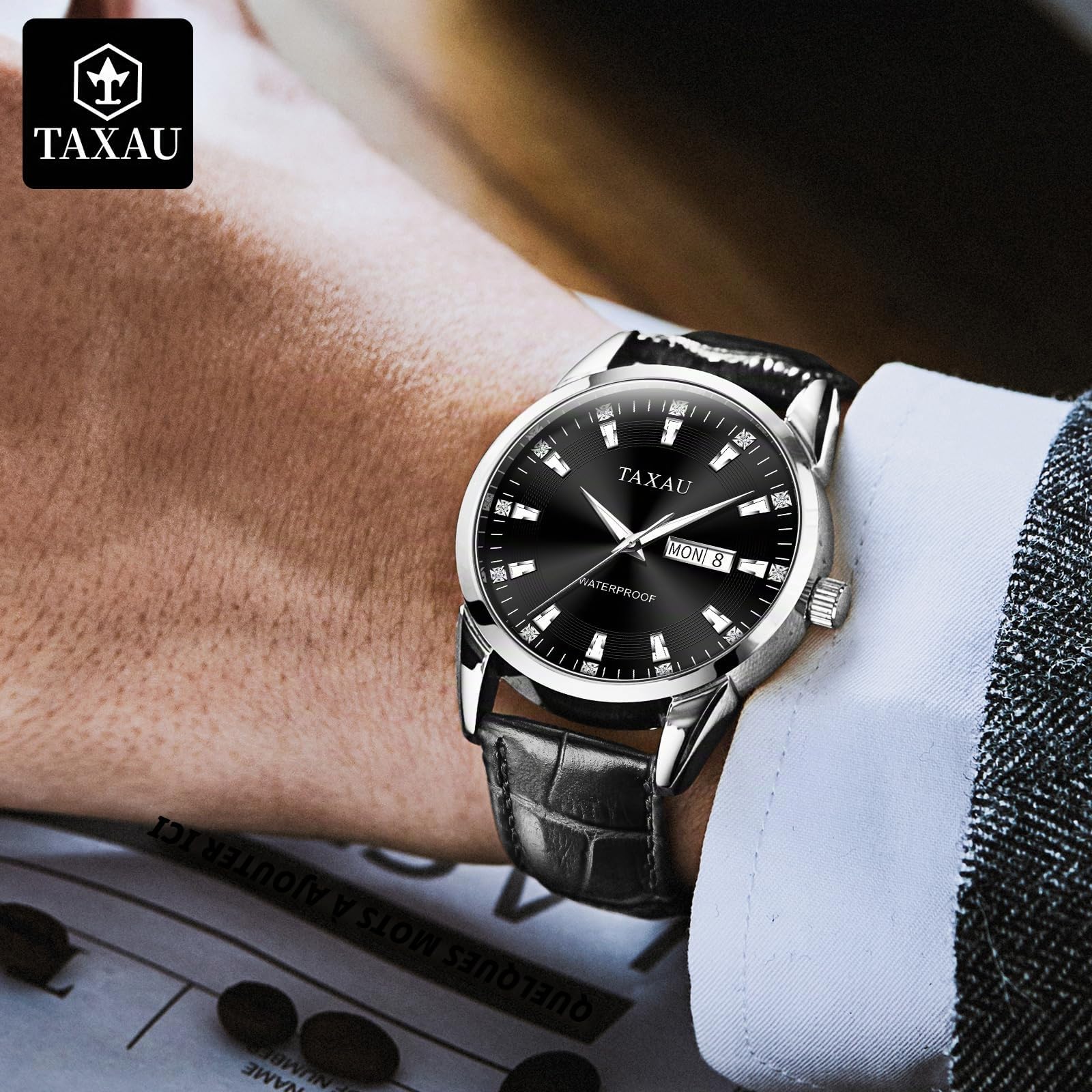 Taxau Montre classique en cuir pour homme - Analogique - Grand cadran - Montre de luxe étanche - Date de jour - Reloj para hombre
