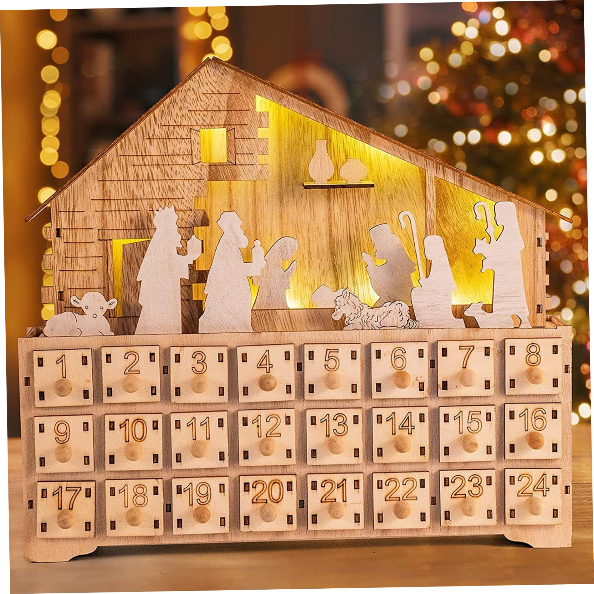 Calendario dell'avvento natività in legno, calendario dell'avvento natalizio della scena della natività 2023, riempi il tuo calendario dell'Avvento con 24 cassetti e luci a LED per bambini per ad