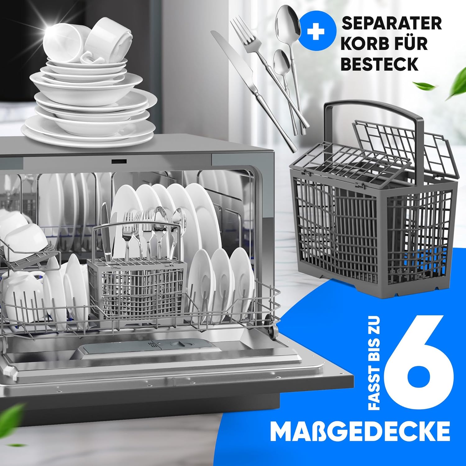 Interior view of the Bomann TSG 7405 Compact Dishwasher, showing the dish racks loaded with plates and cups, and a separate cutlery basket. A graphic indicates capacity for up to 6 place settings.