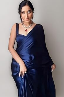 Ready To Wear Saree For Women Navy Blue Satin Silk One Minute Readymade Stitched With Plain Unstitched Blouse