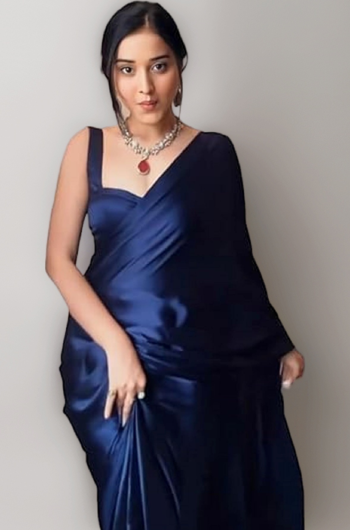 Ready To Wear Saree For Women Navy Blue Satin Silk One Minute Readymade Stitched With Plain Unstitched Blouse