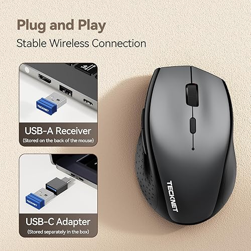 Miniatura 4 de TECKNET Ratón inalámbrico Jiggler, mouse recargable USB-C, mouse silencioso con adaptador USB-C, mouse ergonómico de 6400 DPI, motor de mouse