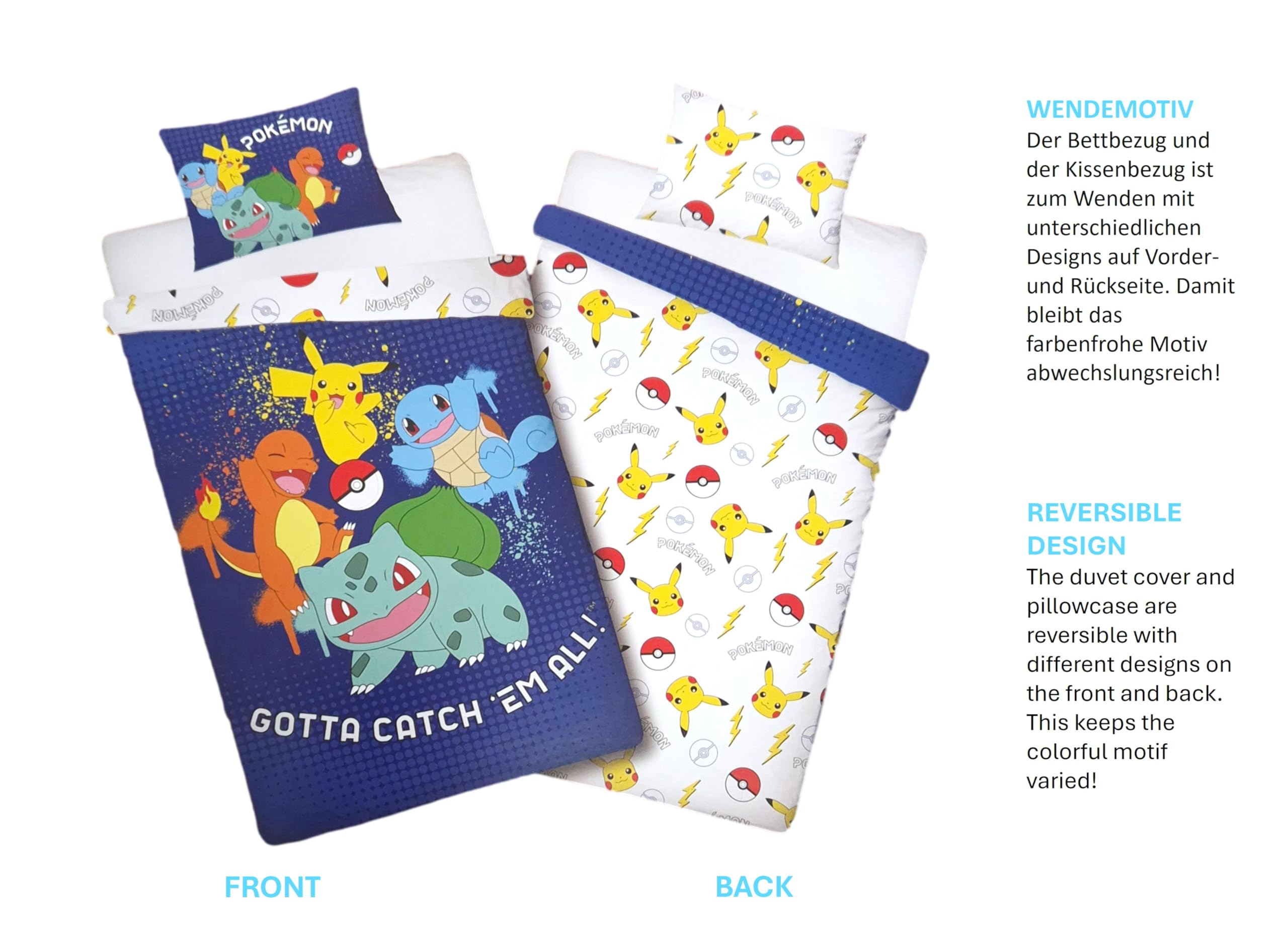 POKEMON GOTTA CATCH THEM ALL Set Letto Singolo - COPRIPIUMINO 140x200 e FEDERA 70x90cm - Reversibile - 100% Poliestere Ottima Qualita'