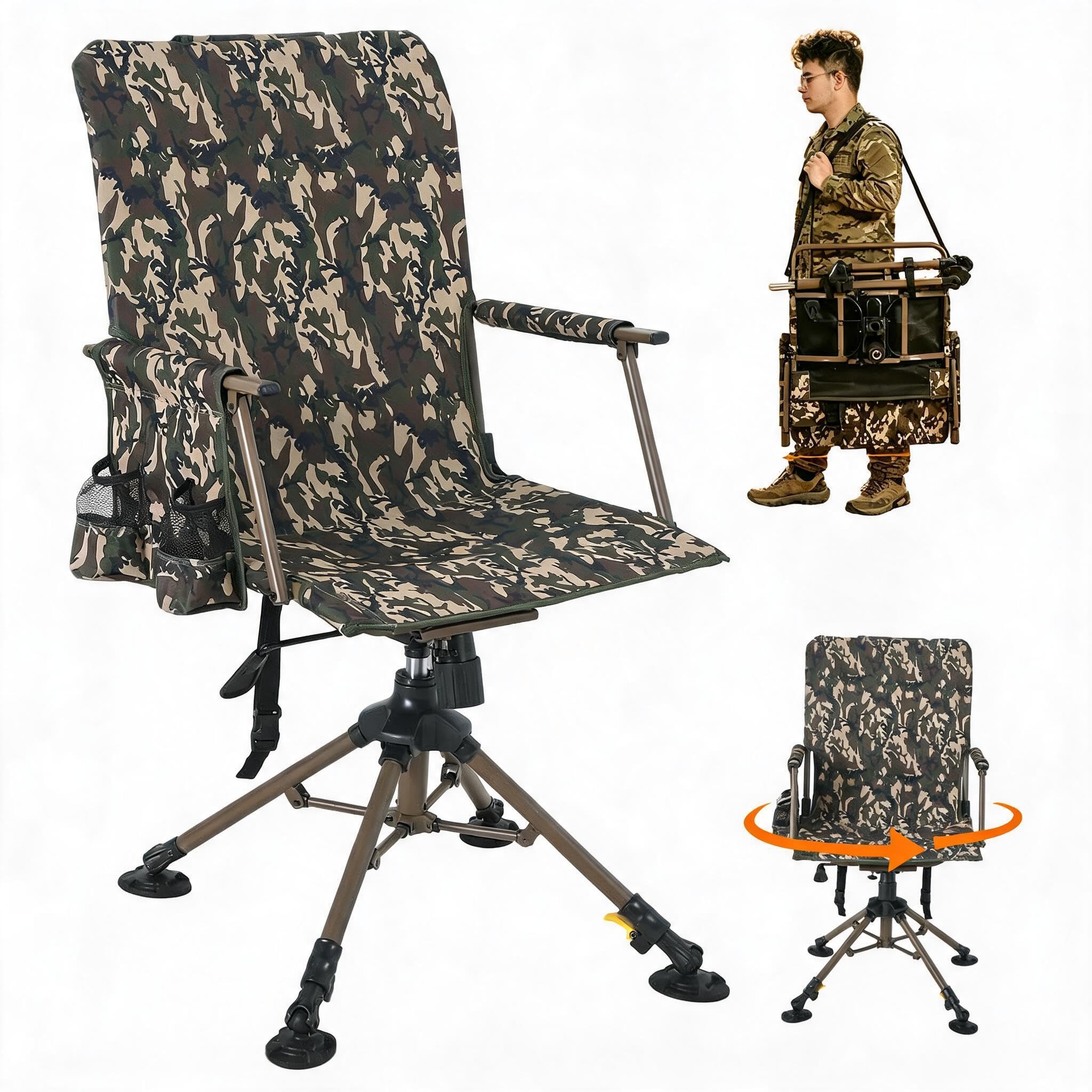 360° Swivel Camping Chair, Folding High Back Hunting Chair with Carry Strap