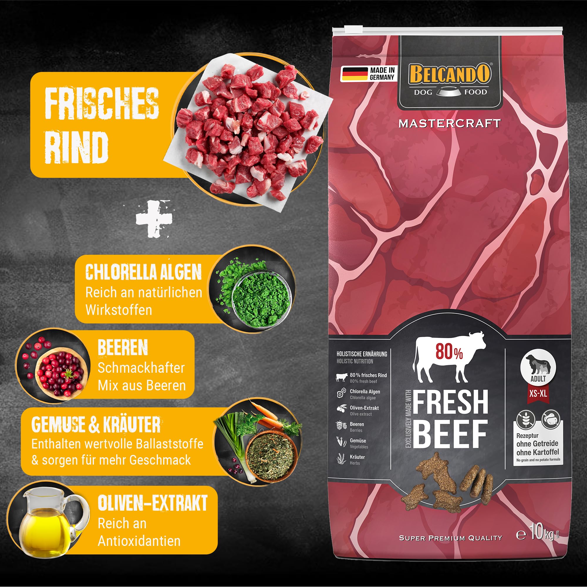 BELCANDO MASTERCRAFT Hundefutter trocken Fresh Beef, 10kg, Trockenfutter für Hunde mit Rind, 80% Frischfleisch, getreidefrei, für alle Rassen, Made in Germany