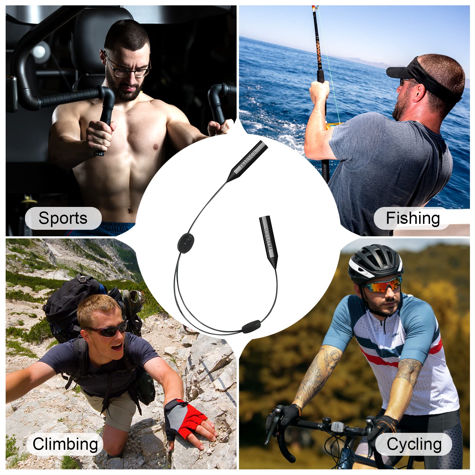 SMARTTOP Brillenband, verbesserte zwei Löcher, verstellbarer Brillenhalter, kein Schwanz, Brillenband, Sonnenbrillenhalter, 4 Stück, Schwarz, 41 cm