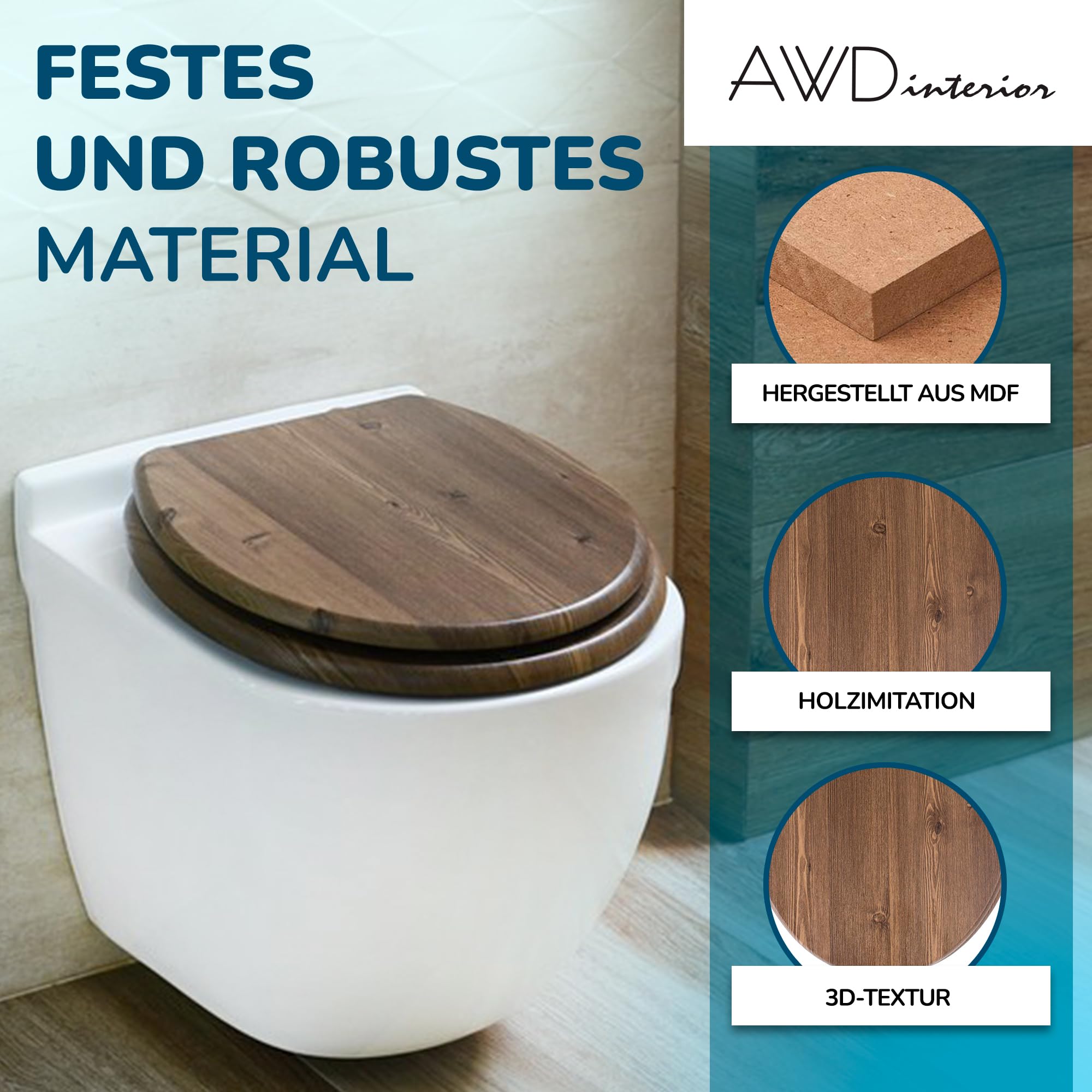 AWD Hochwertiger Schöner WC Sitz Deckel TOILETTENSITZ Landhaus Style KLODECKEL in Holzoptik MIT ABSENKAUTOMATIK-Brauntöne aus MDF-Holz
