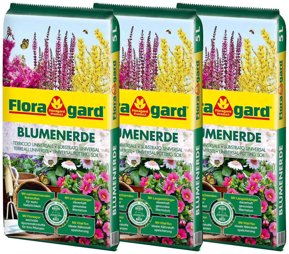 Floragard Blumenerde 3x5 L - Universalerde für Zimmer-, Balkon- und Kübelpflanzen - mit Ton und Langzeitdünger - 15 Liter