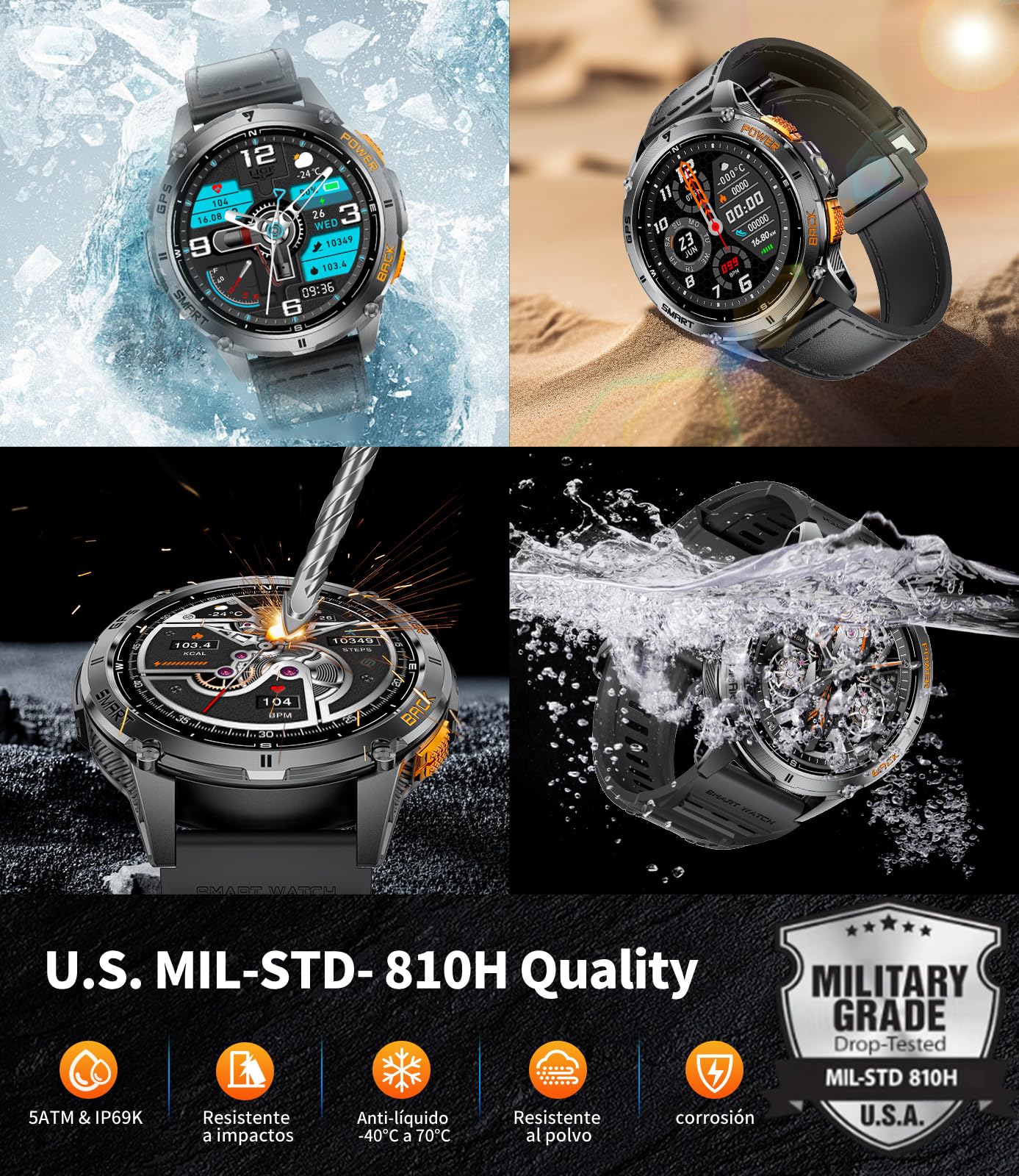 FOXBOX DM4 GPS Reloj Inteligente Hombre, 1.43" AMOLED Smartwatch con LED Linterna para Android iOS, 6 Localización por Satélite, IP68, Llamadas, 200+ Watch Face,170+ Deportes, Correa de Cuero Negro