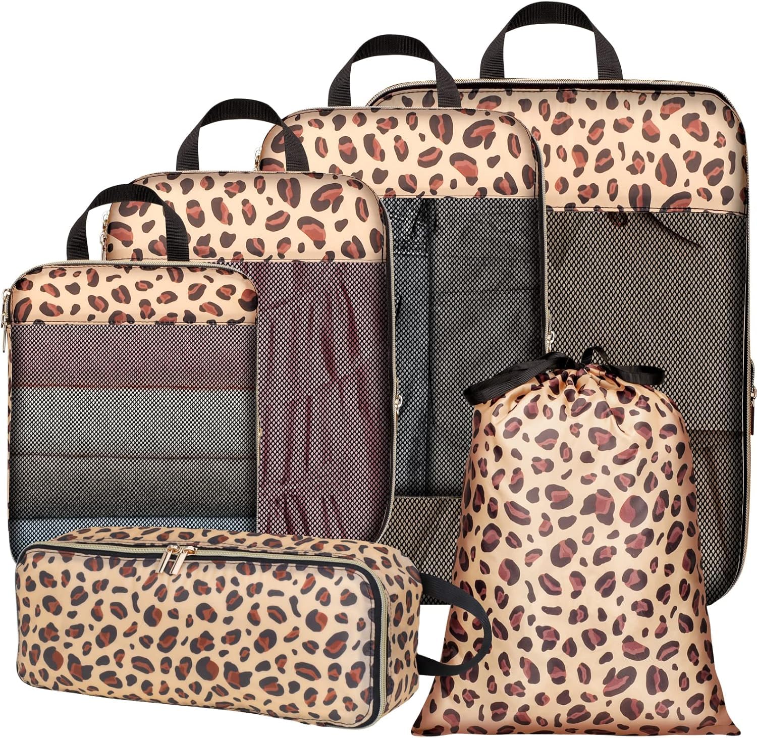 Nylon 6-Pack Compression Packing Cubes for Suitcases & Backpacks - Expandable Organisers with Underwear Bag & Laundry Bag for Clothes, Toiletries & Travel Essentials (Brown Leopard)