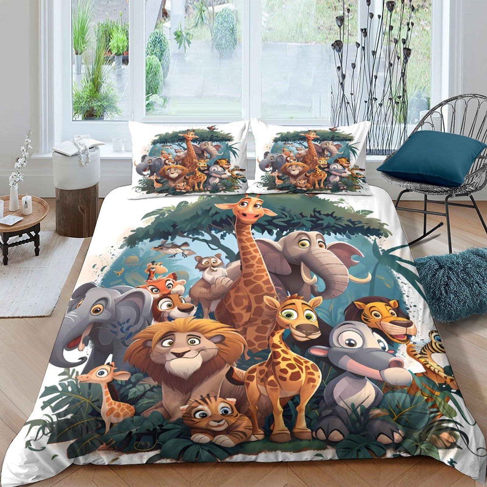GPLZQXKJNH 3D Printed Jungle Safari Animals Duvet Cover Microfiber Soft Breathable Wildlife Bedding Set with 2 Pillowcases for Bedroom Decor Single（135x200cm）
