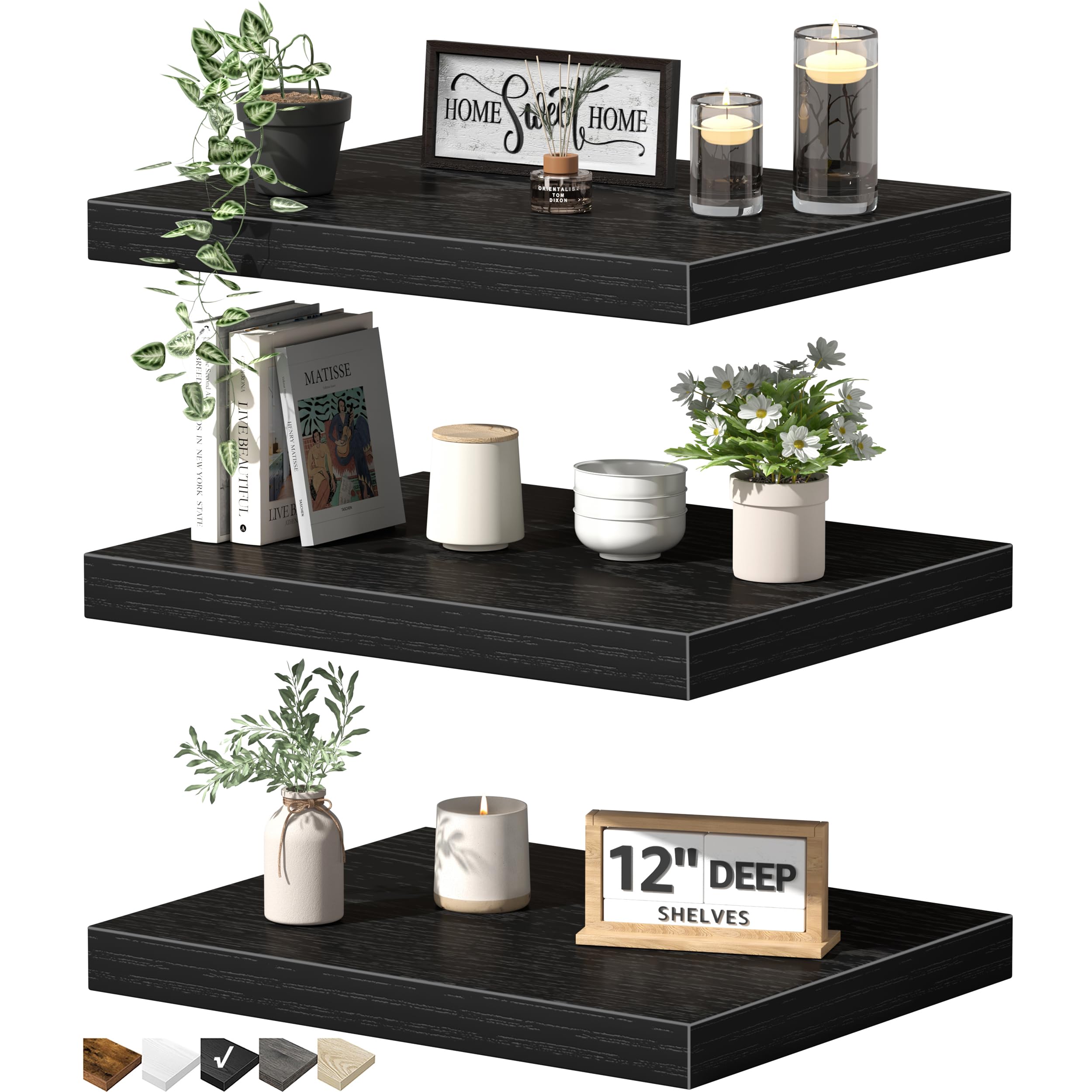 Photo 1 of QEEIG Floating Shelves - Set of 3, Black