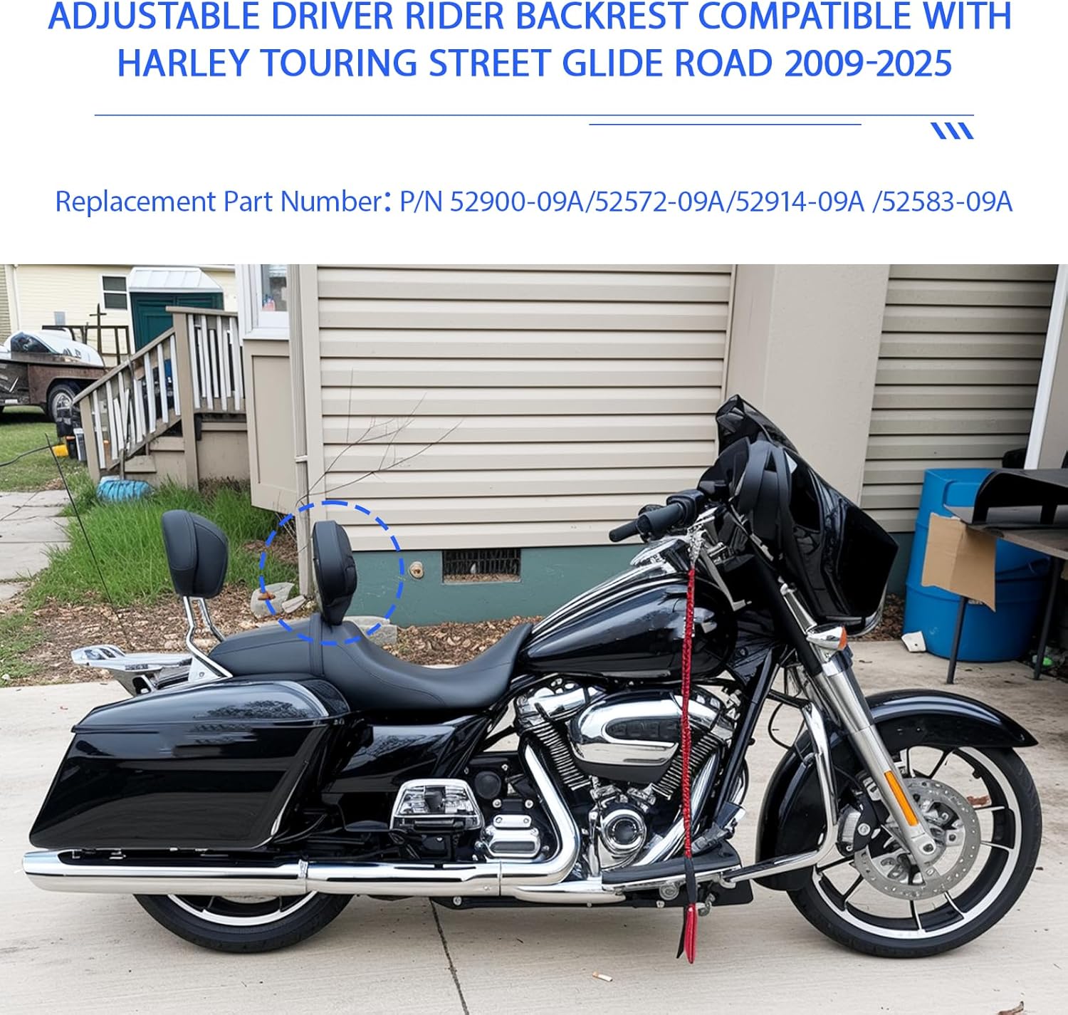 2009–2026 Adjustable Rider Backrest Compatible with Harley Touring Models Street Glide Road Glide Road King Ultra Limited Electra, Stitch Rider Backrest Pad with Mounting Kit (Wing Style)