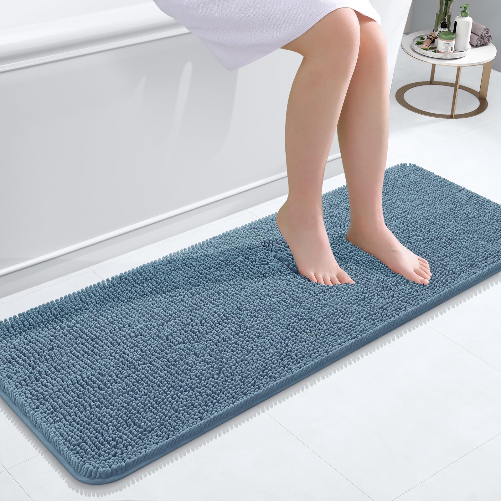 OLANLY Bathroom Runner Rugs 47x17, Soft Absorbent Chenille Bath Rugs, Rubber Backing Quick Dry, Machine Washable Long Bath Mats for Bathroom Floor, Tub and Shower, Home Decor Accessories, Airy Blue — image 1