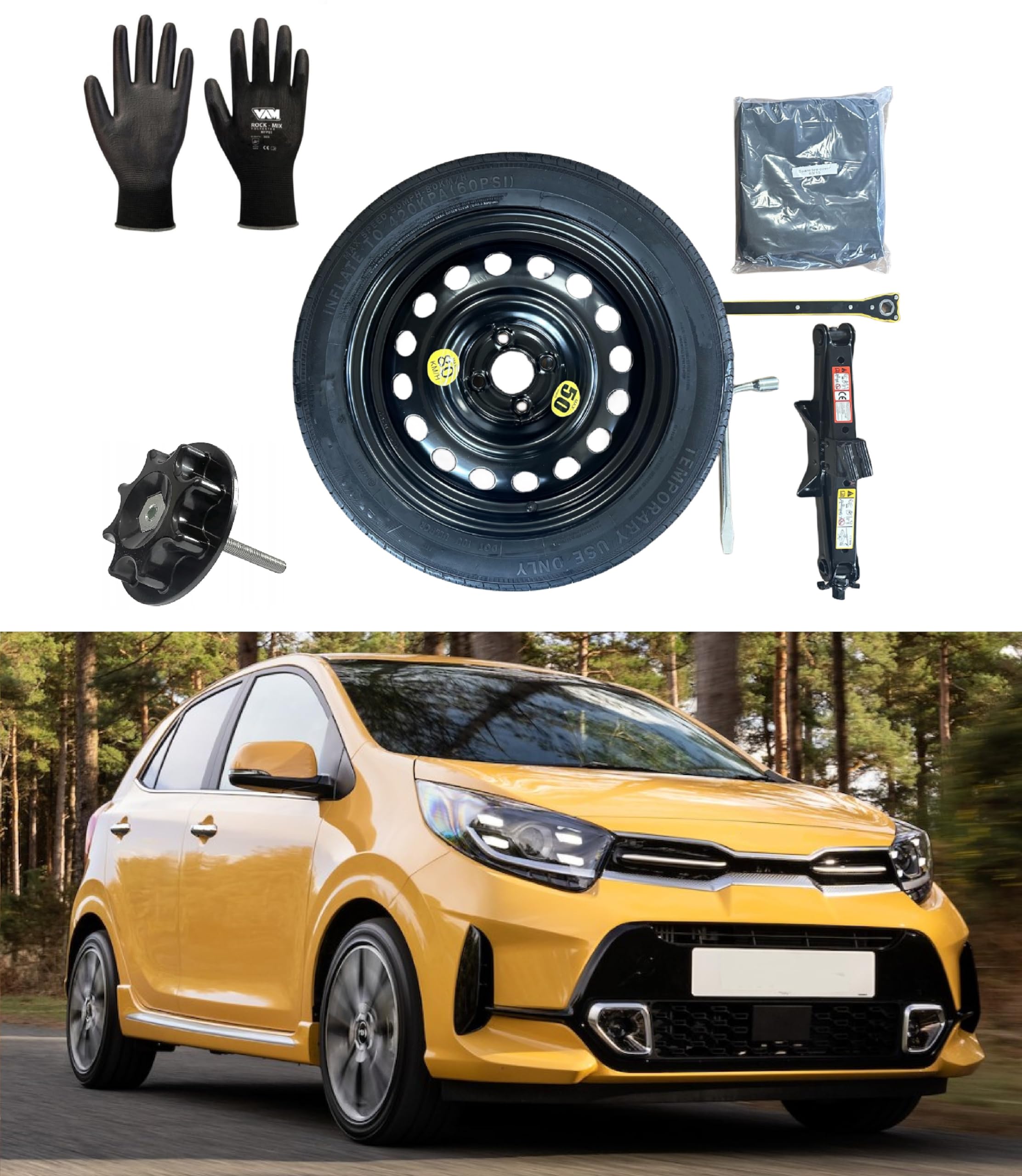 Kit rueda de repuesto 15" compatible con Kia Picanto (2017>) con gato, llave, tornillo, guantes y bolsa 115/70R15