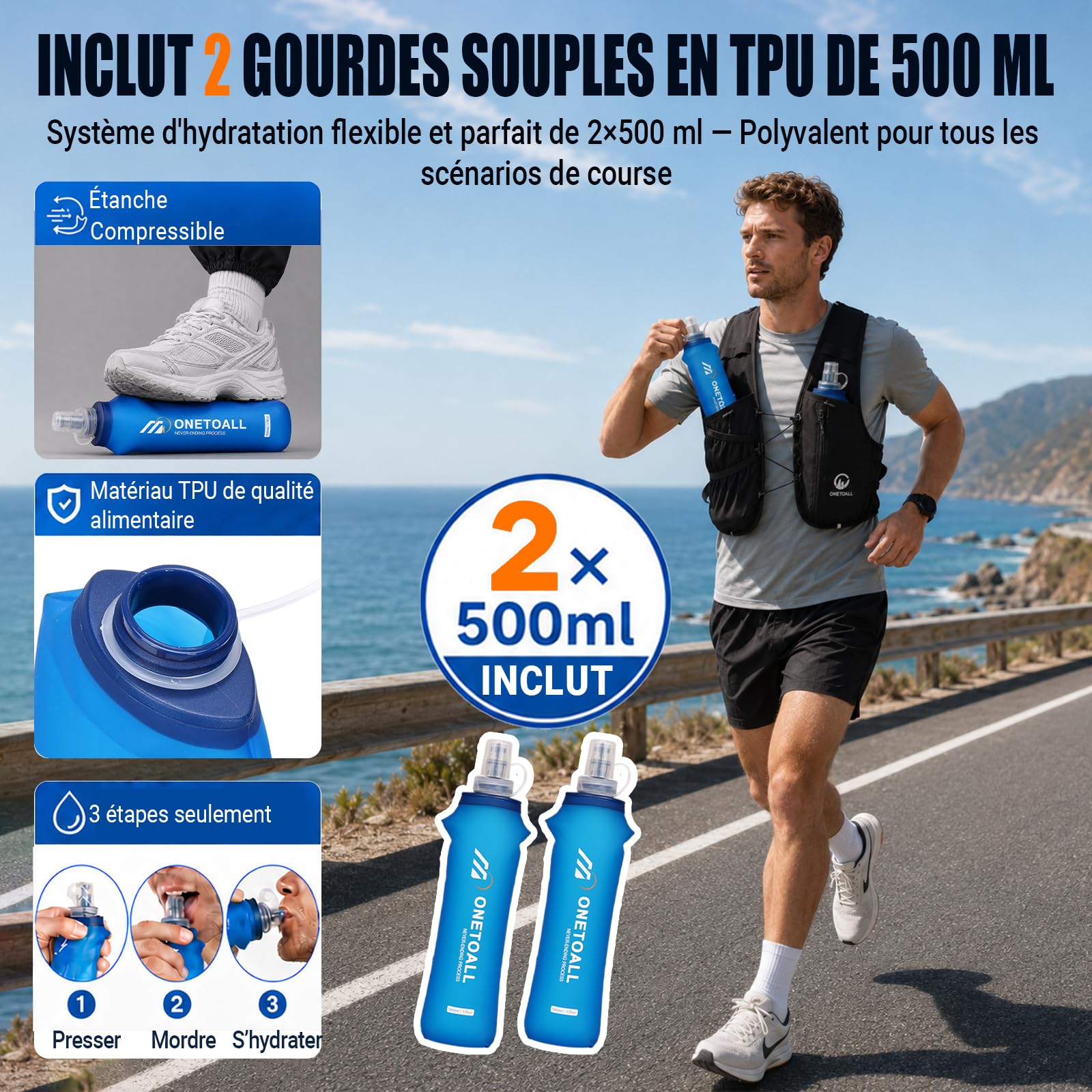 Gilet Hydratation Running Femme - 2 Gourdes Souples 500ml + Lumière LED, Sac de Course à Pied Léger pour Homme, Marathon, Trail, Randonnée