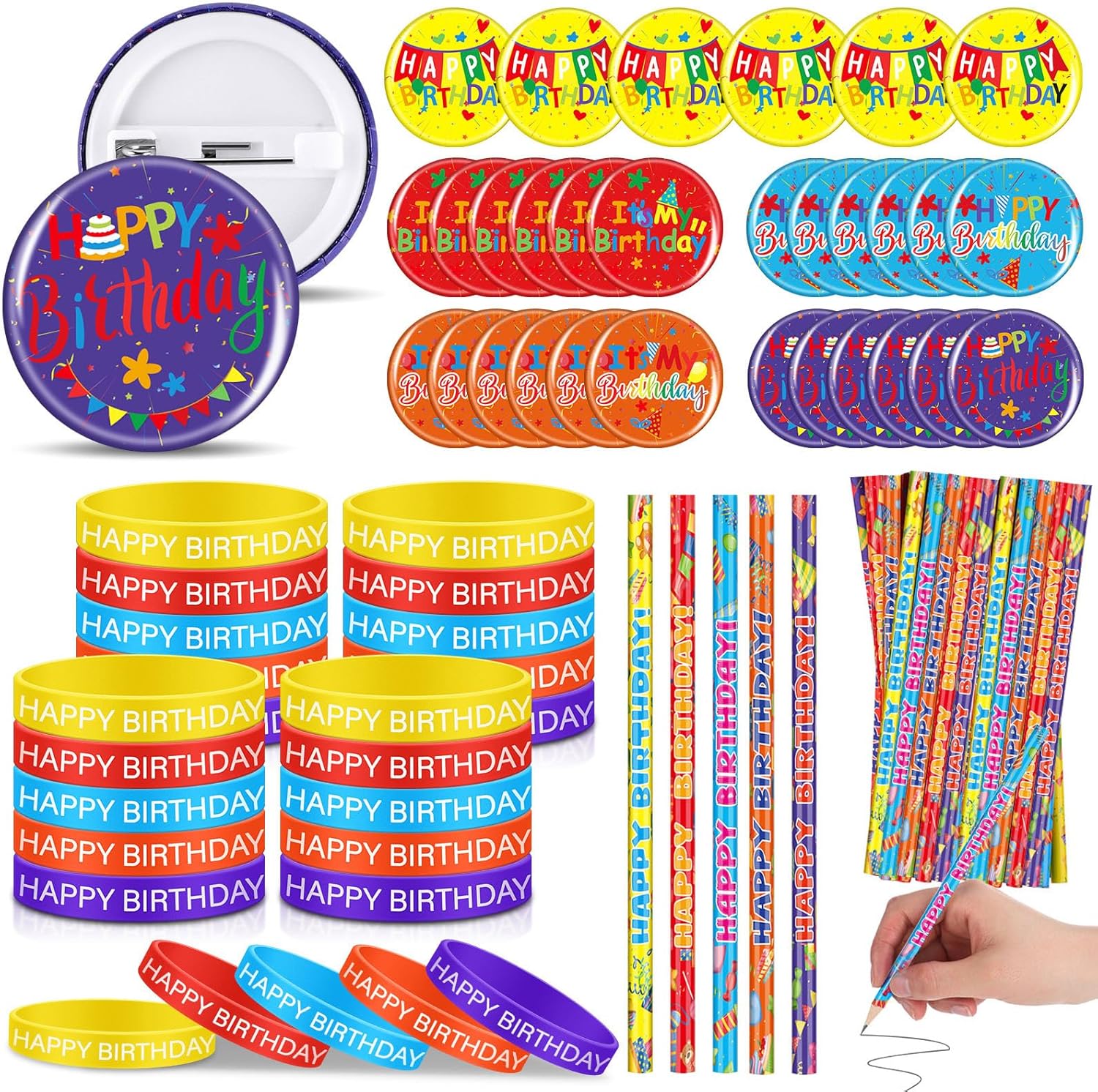 Ferreve 90 Pcs Happy Birthday Party Favors Set Include 30 Pencil 30 Wristband 30 Badge Button for Reward First Day Back Birthday Party Supply