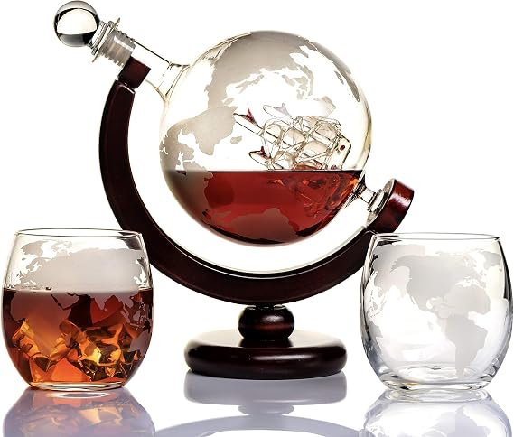 Globe Decanter Set With 2 Etched Glasses | Whiskey, Bourbon & Spirit Decanter Gift For Men, Dad, Husband